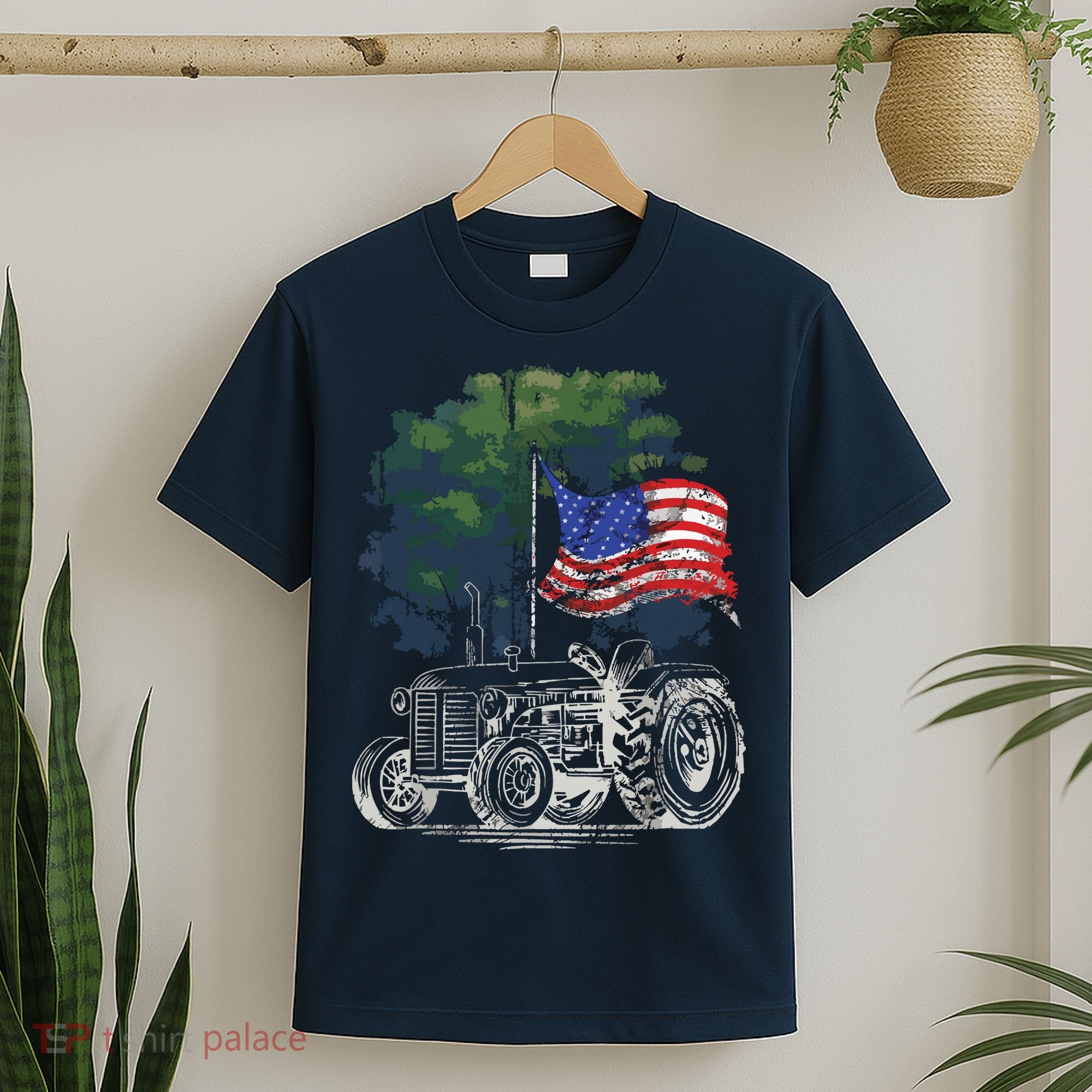 Vintage Farming Tractor American Flag Patriotic Farmer Farm T-Shirt
