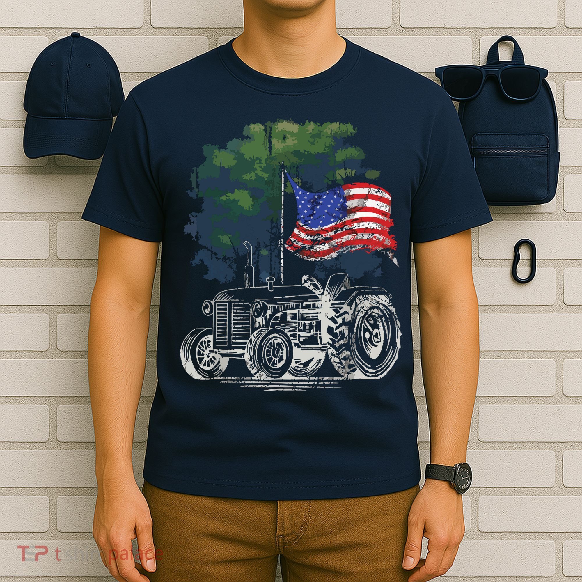 Vintage Farming Tractor American Flag Patriotic Farmer Farm T-Shirt