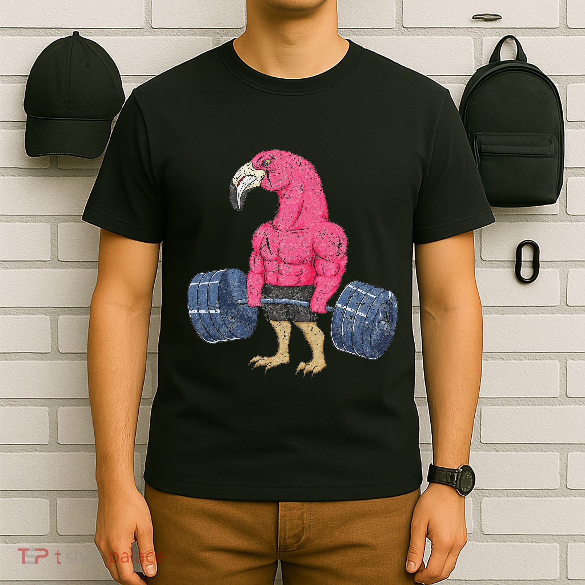 Vintage Flamingo Weightlifting Bodybuilder Muscle Fitness T-Shirt