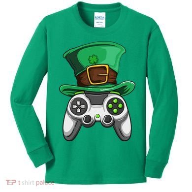 Video Gamer Controller Leprechaun Hat St. Patricks Day Boys Kids Long Sleeve Shirt