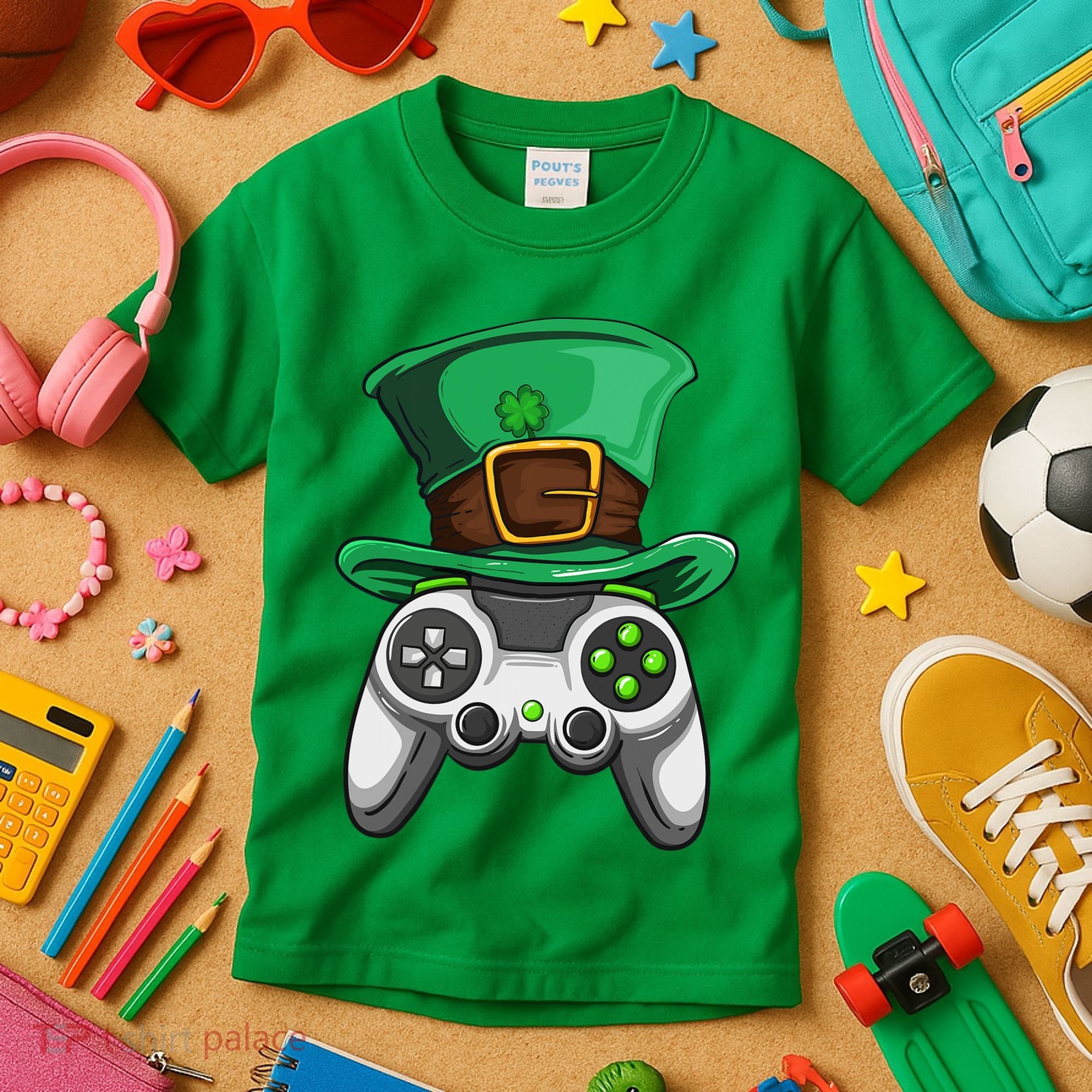 Video Gamer Controller Leprechaun Hat St. Patricks Day Boys Kids T-Shirt