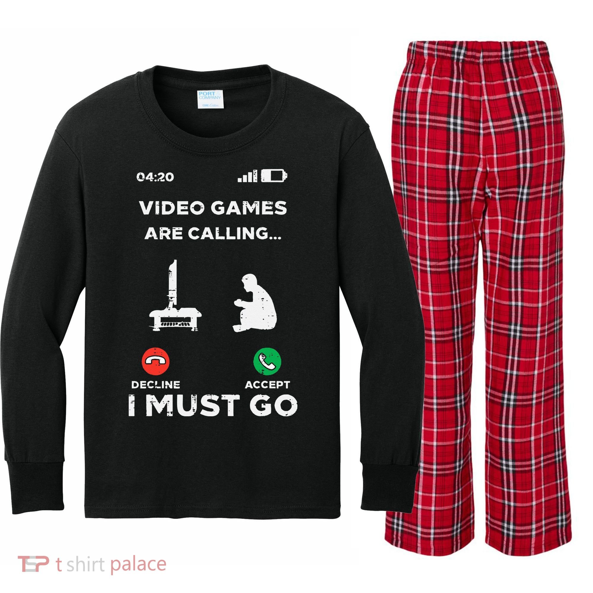 Video Games Calling Must Go Funny Gamer Kids Long Sleeve Plaid Pajama Set