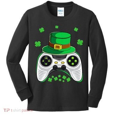 Video Game Controller Irish Gamer St Patricks Day Kids Long Sleeve Shirt
