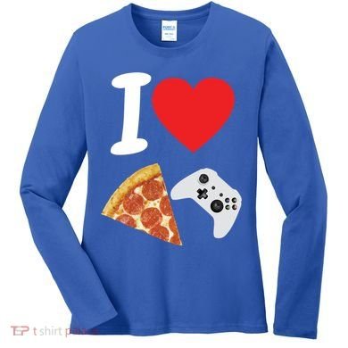 Video Games Gamer Love Pizza Cheese Boys Slice Controller Cute Gift Women's Long Sleeve Shirt