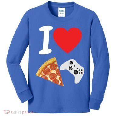 Video Games Gamer Love Pizza Cheese Boys Slice Controller Cute Gift Kids Long Sleeve Shirt