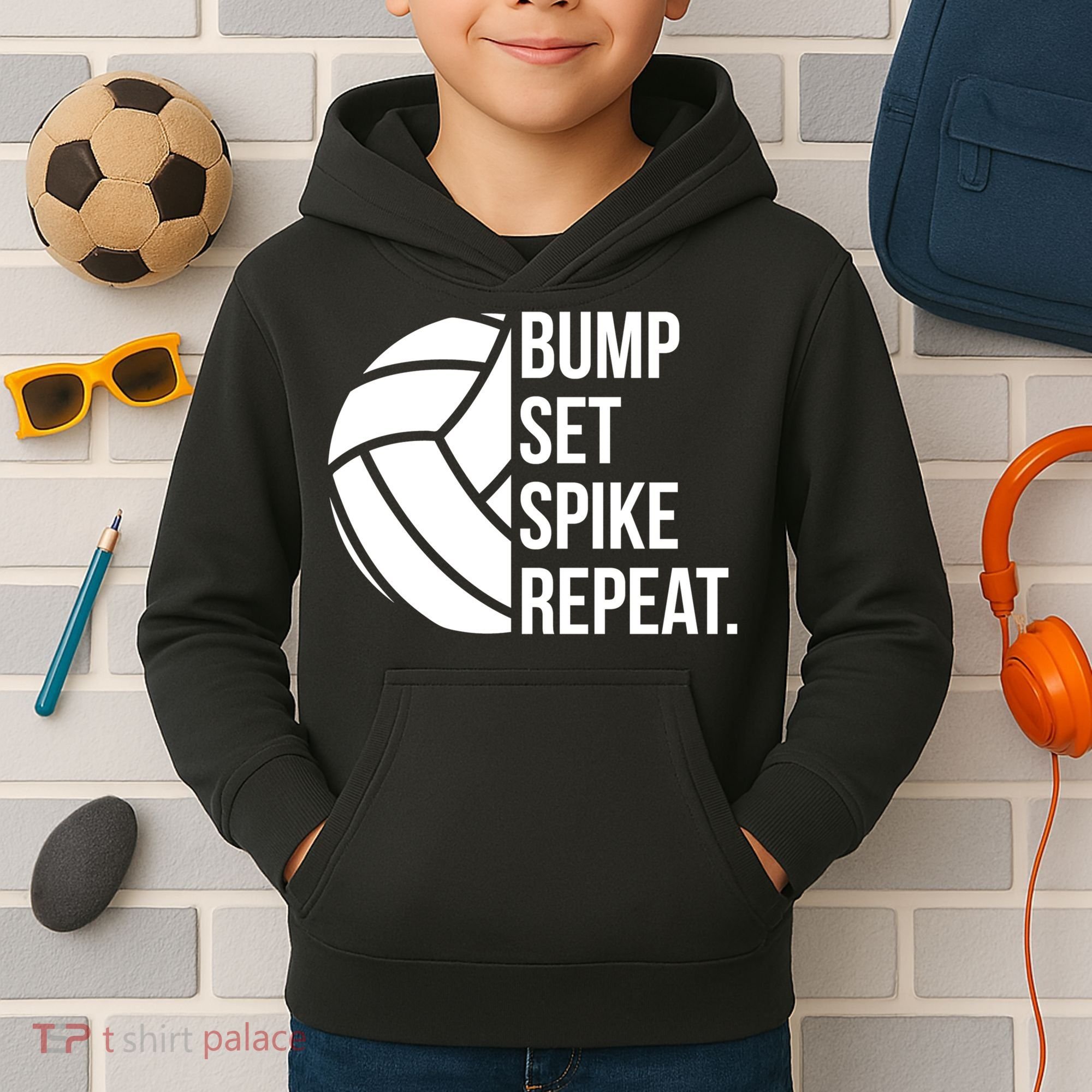 Volleyball Great Gift Hooded Funny Gift Bump Set Spike Repeat Kids Hoodie