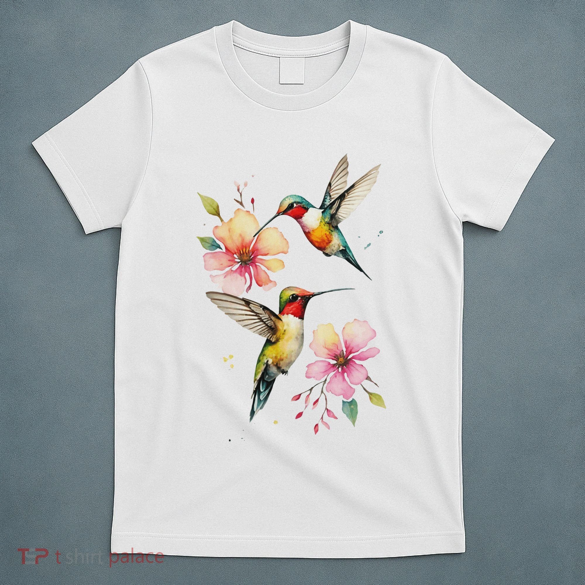 Vibrant Hummingbirds And Floral Watercolor Artwork T-Shirt