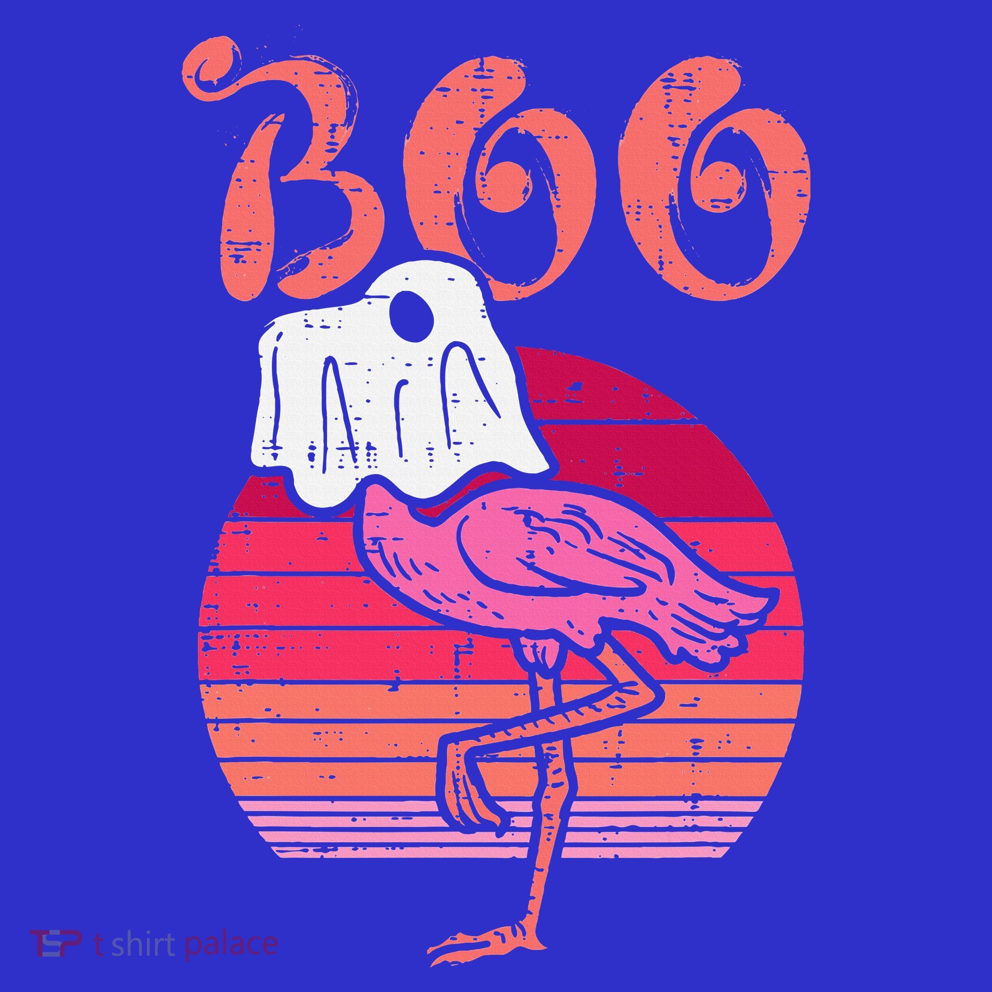 Vintage Halloween Flamingo Ghost Sunset Print T-Shirt