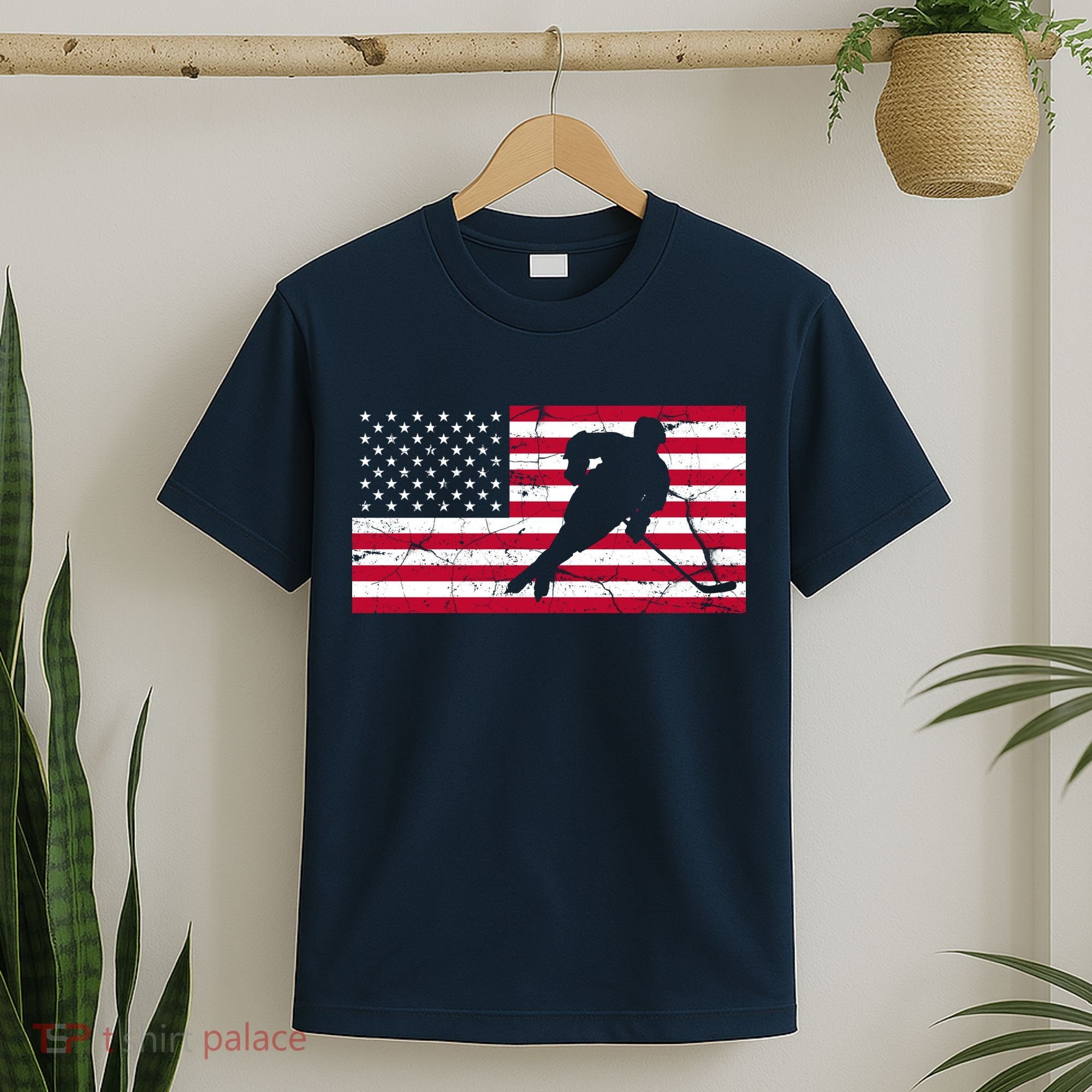Vintage Hockey Player American Flag T-Shirt