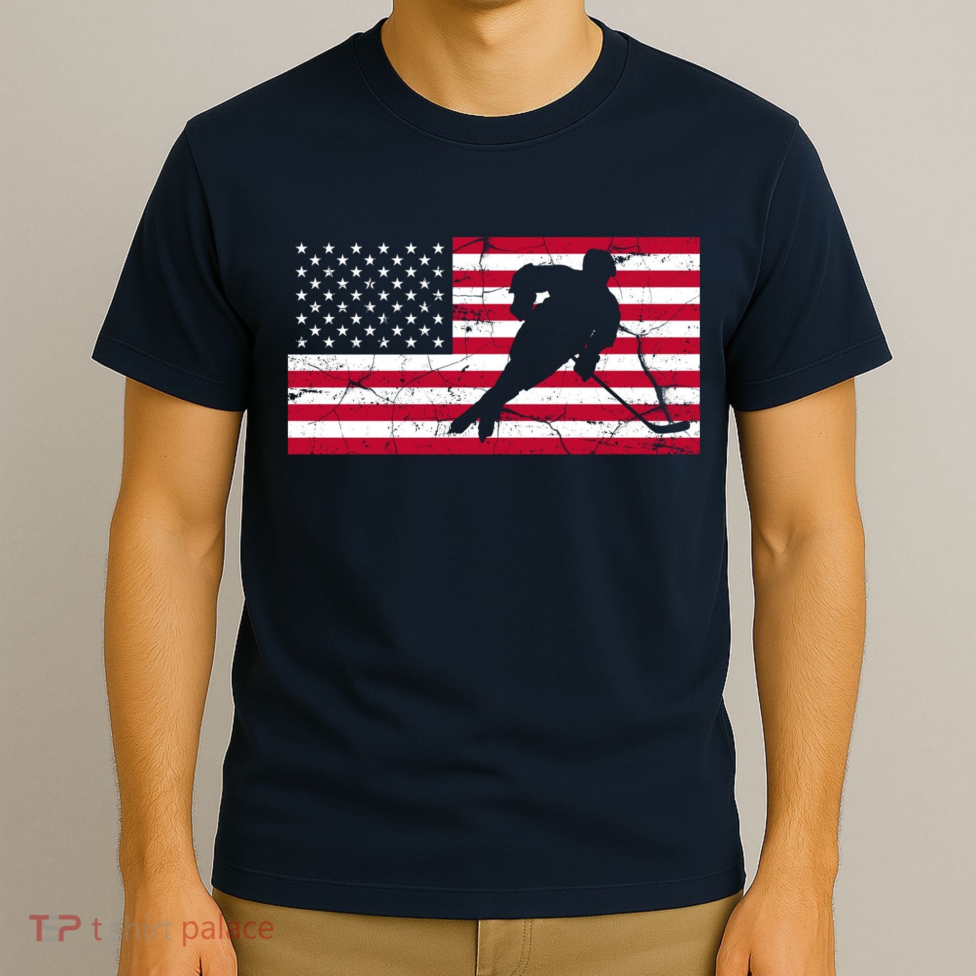 Vintage Hockey Player American Flag T-Shirt