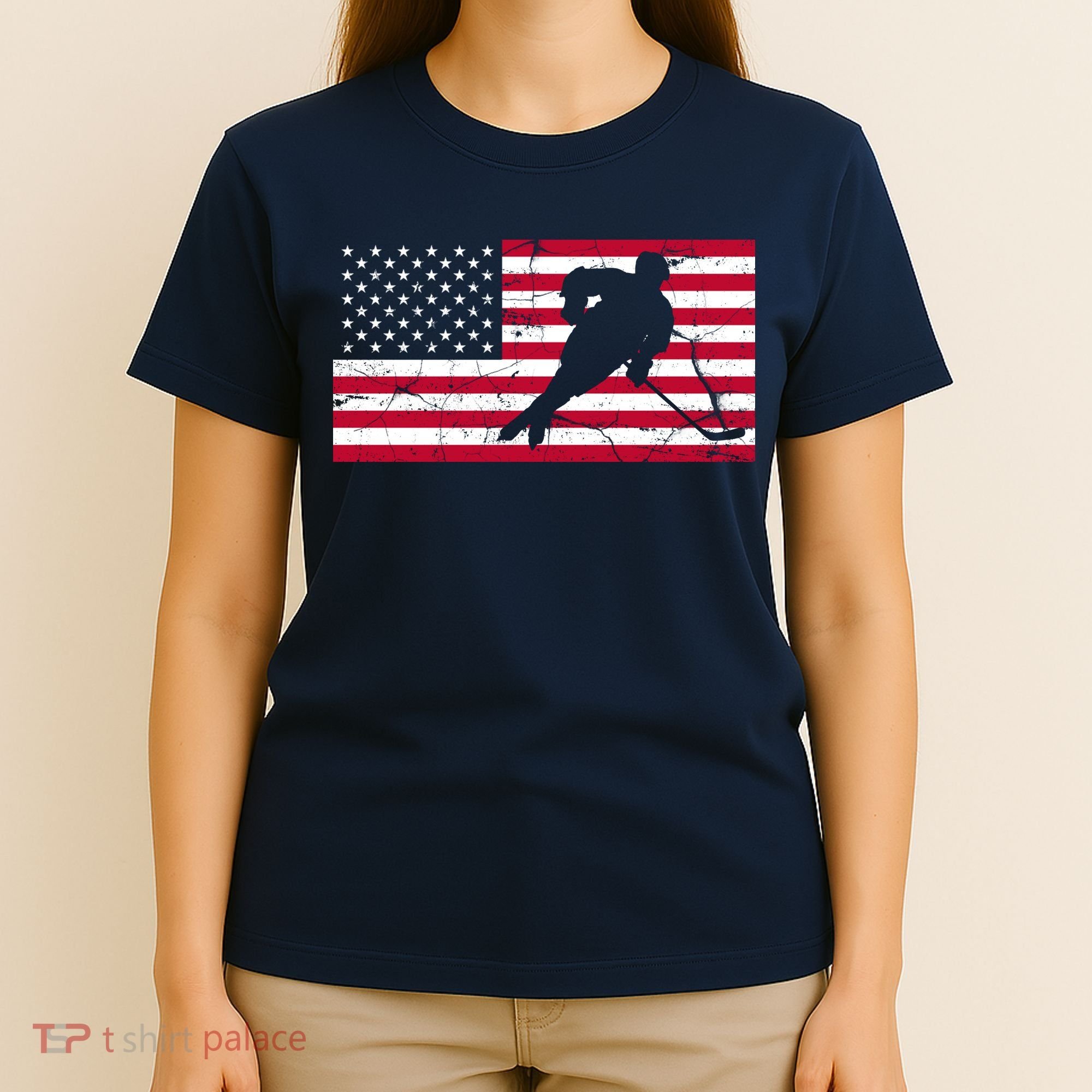 Vintage Hockey Player American Flag T-Shirt