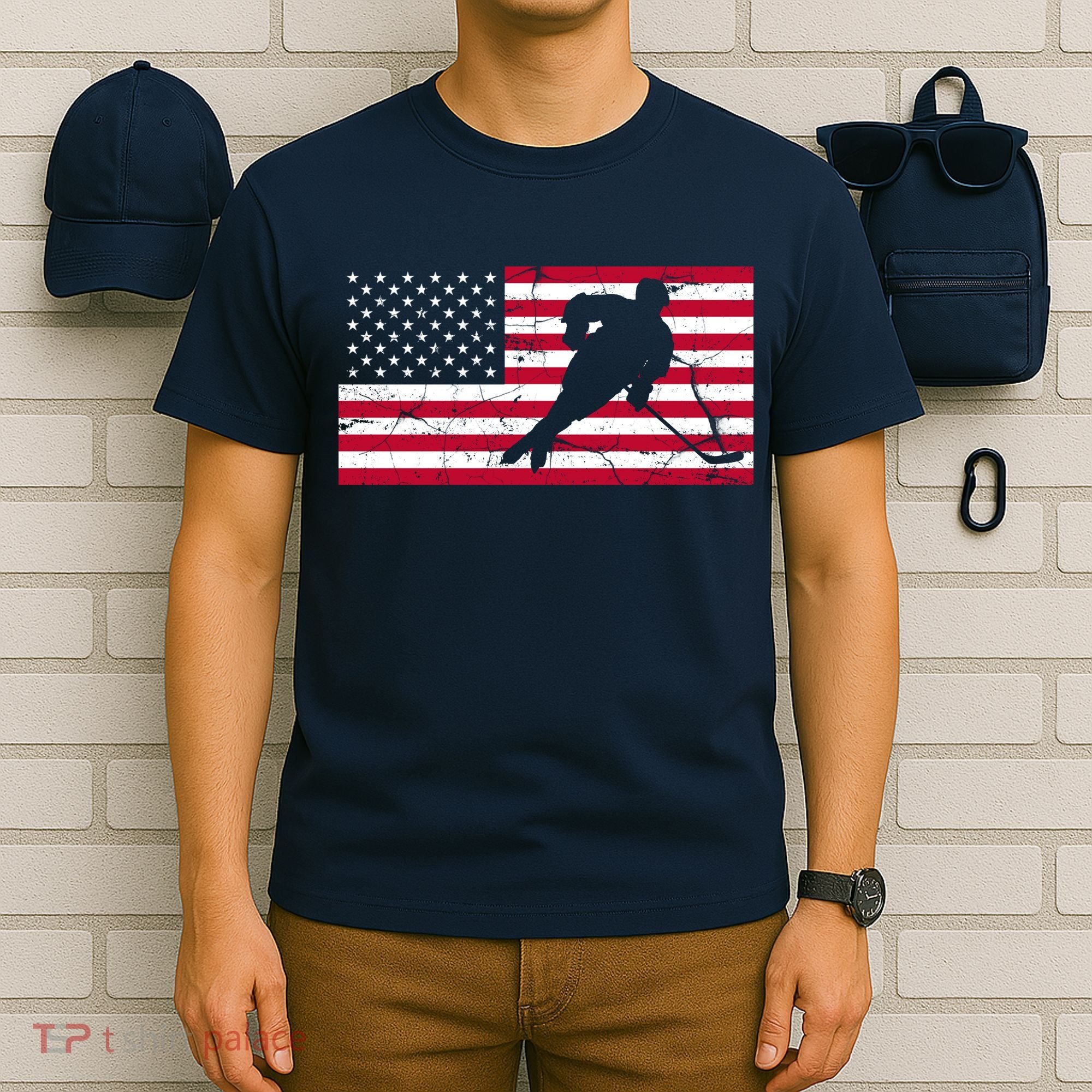 Vintage Hockey Player American Flag T-Shirt