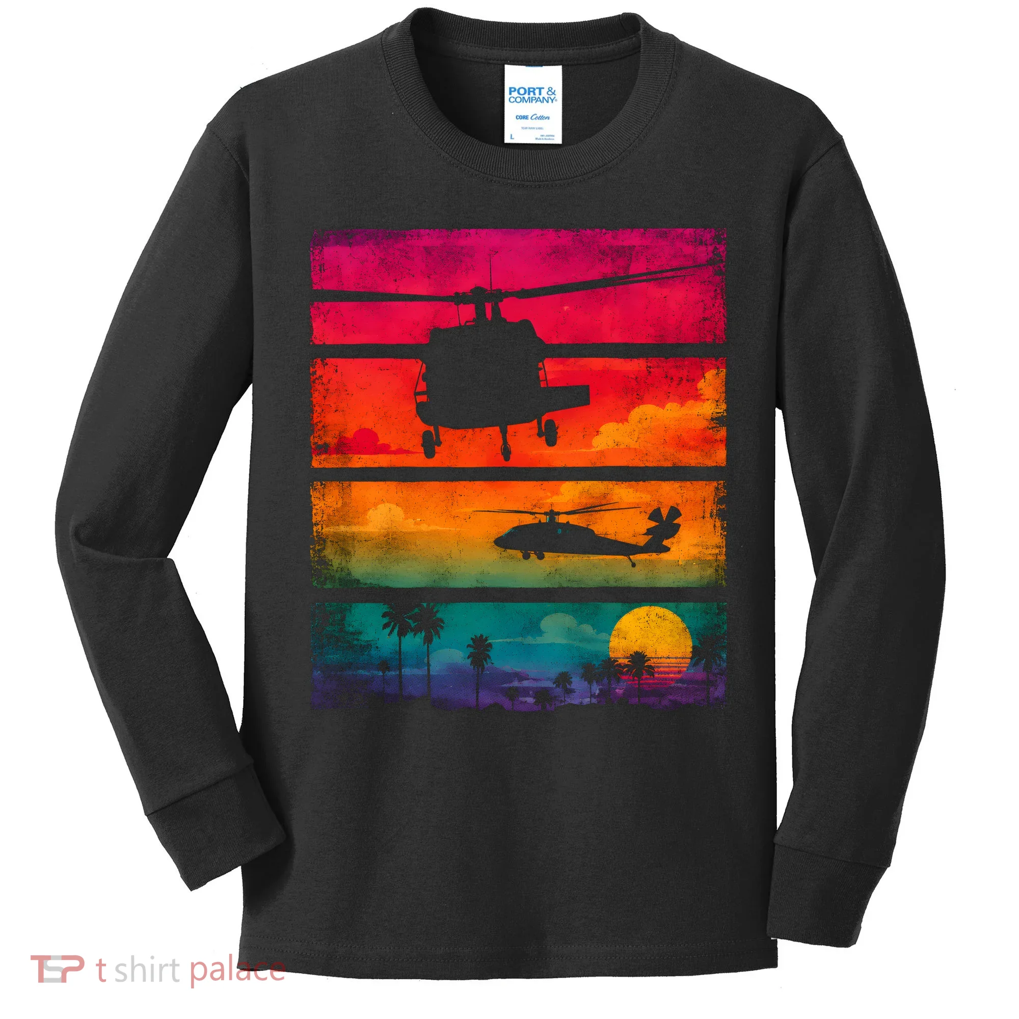 Vintage Helicopter Sunset Blackhawk Kids Long Sleeve Shirt