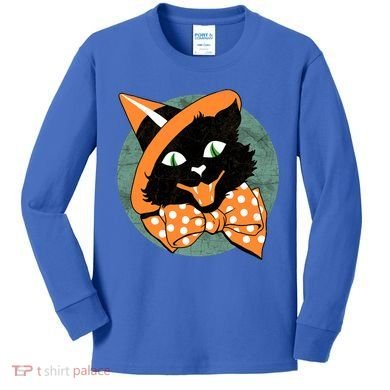 Vintage Halloween Spooky Black Cat Kids Long Sleeve Shirt