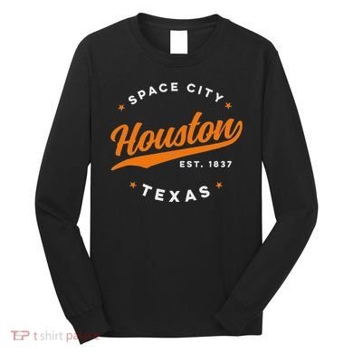 Vintage Houston Texas Space City Orange Text Long Sleeve Shirt