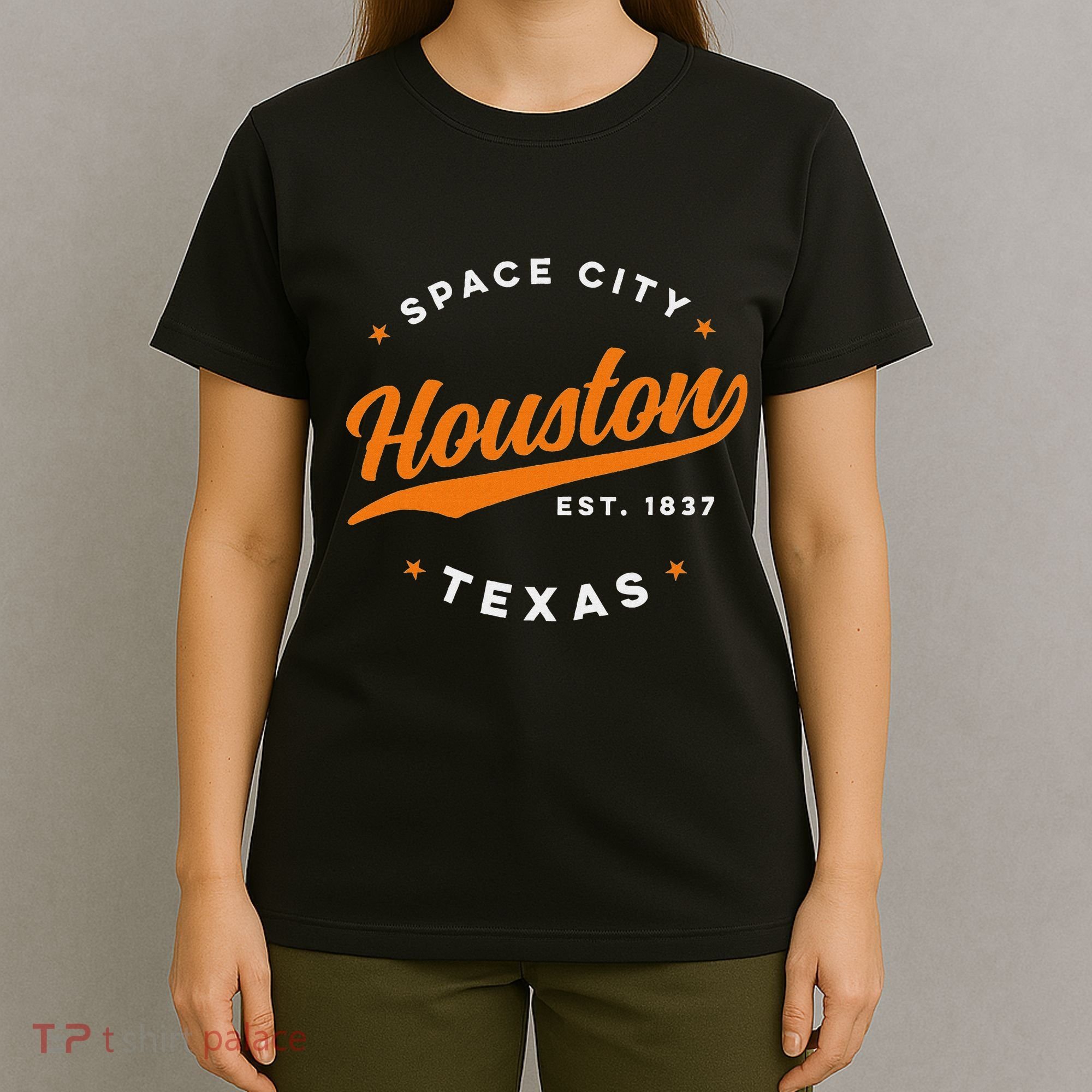 Vintage Houston Texas Space City Orange Text T-Shirt
