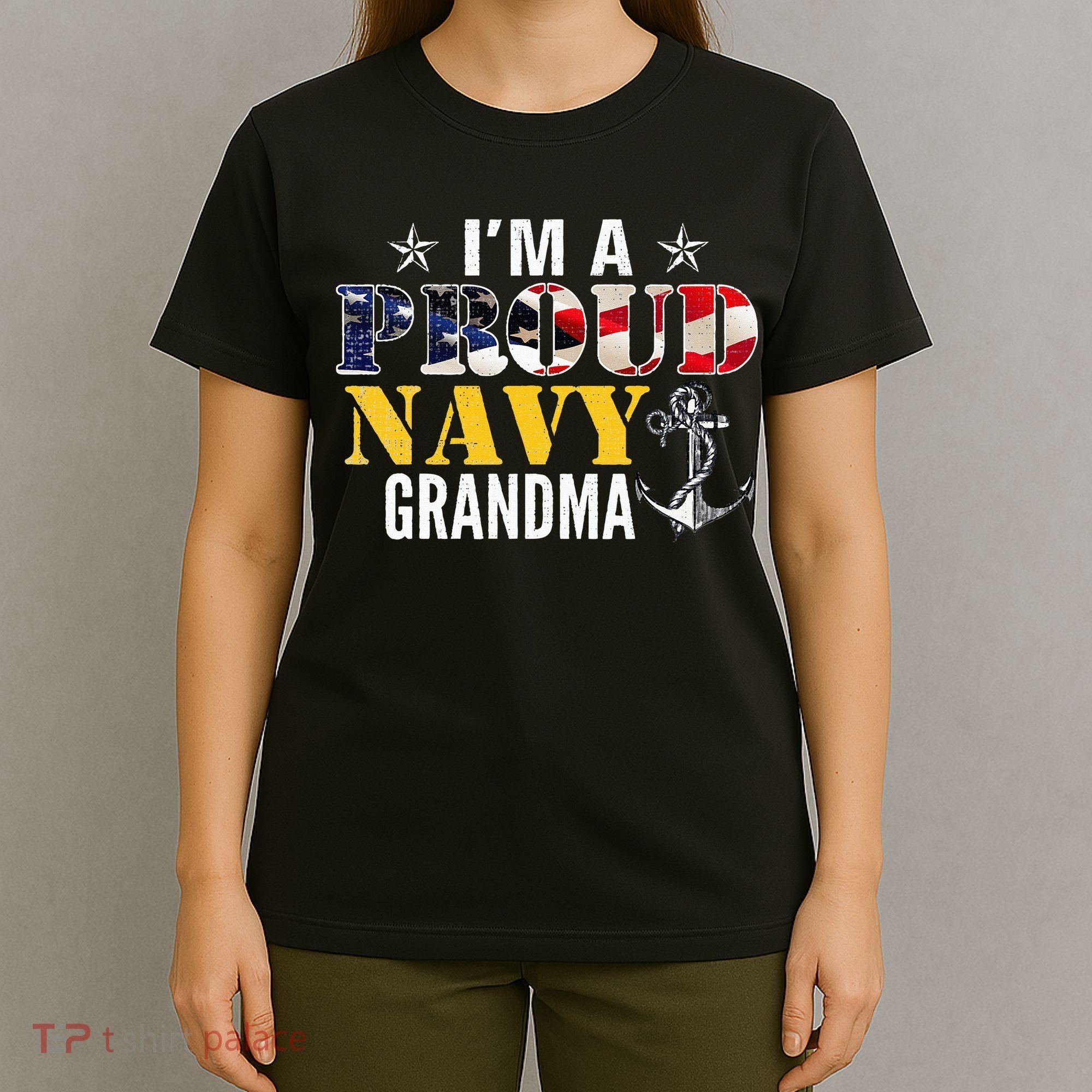 Vintage I'm A Proud Navy With American Flag For Grandma T-Shirt