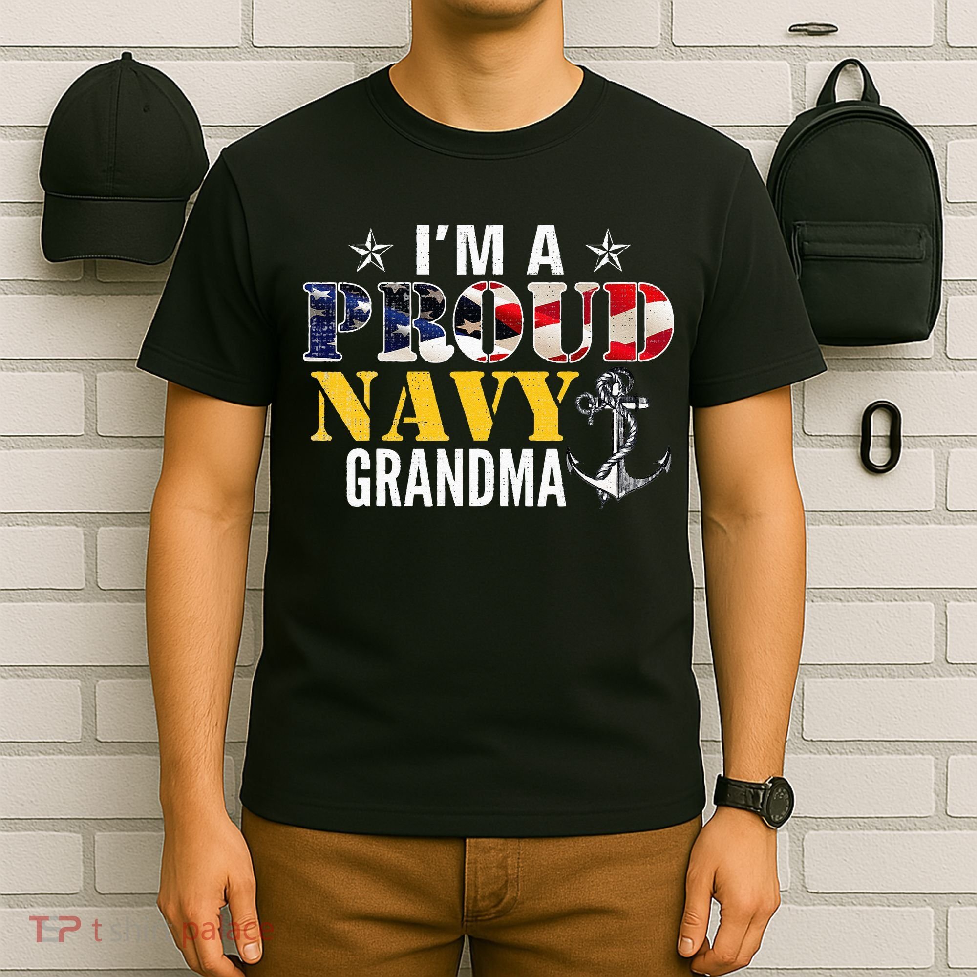 Vintage I'm A Proud Navy With American Flag For Grandma T-Shirt