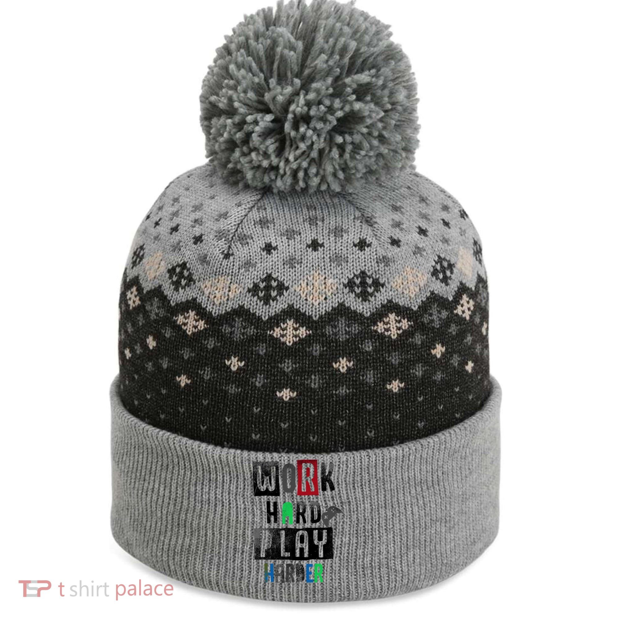 Video Games Work Hard Play Harder Gamer The Baniff Cuffed Pom Beanie
