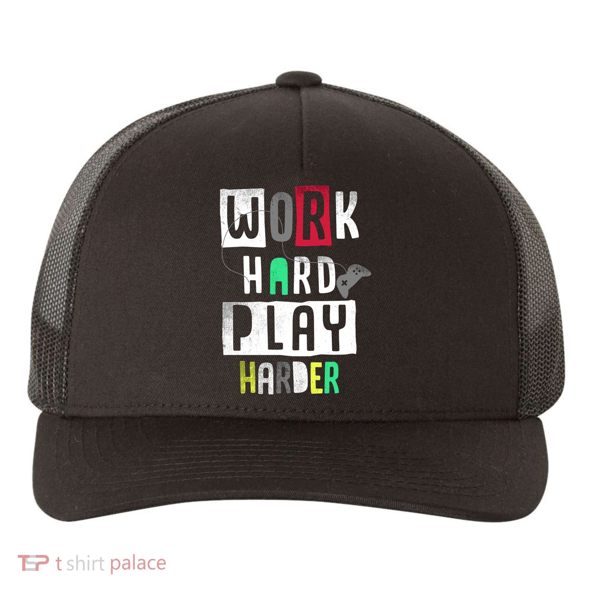 Video Games Work Hard Play Harder Gamer Yupoong Adult 5-Panel Trucker Hat