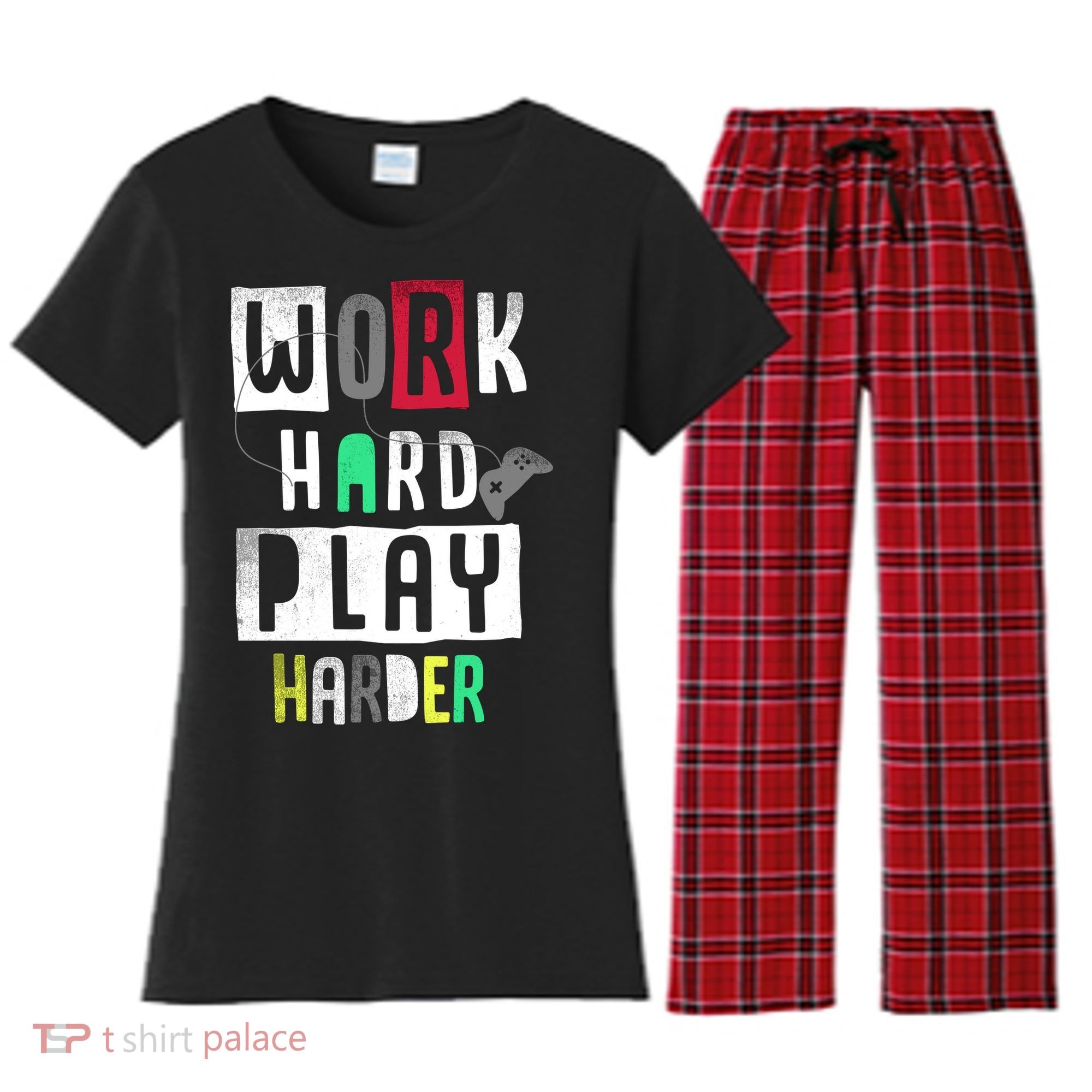 Video Games Work Hard Play Harder Gamer Women's Flannel Pajama Set