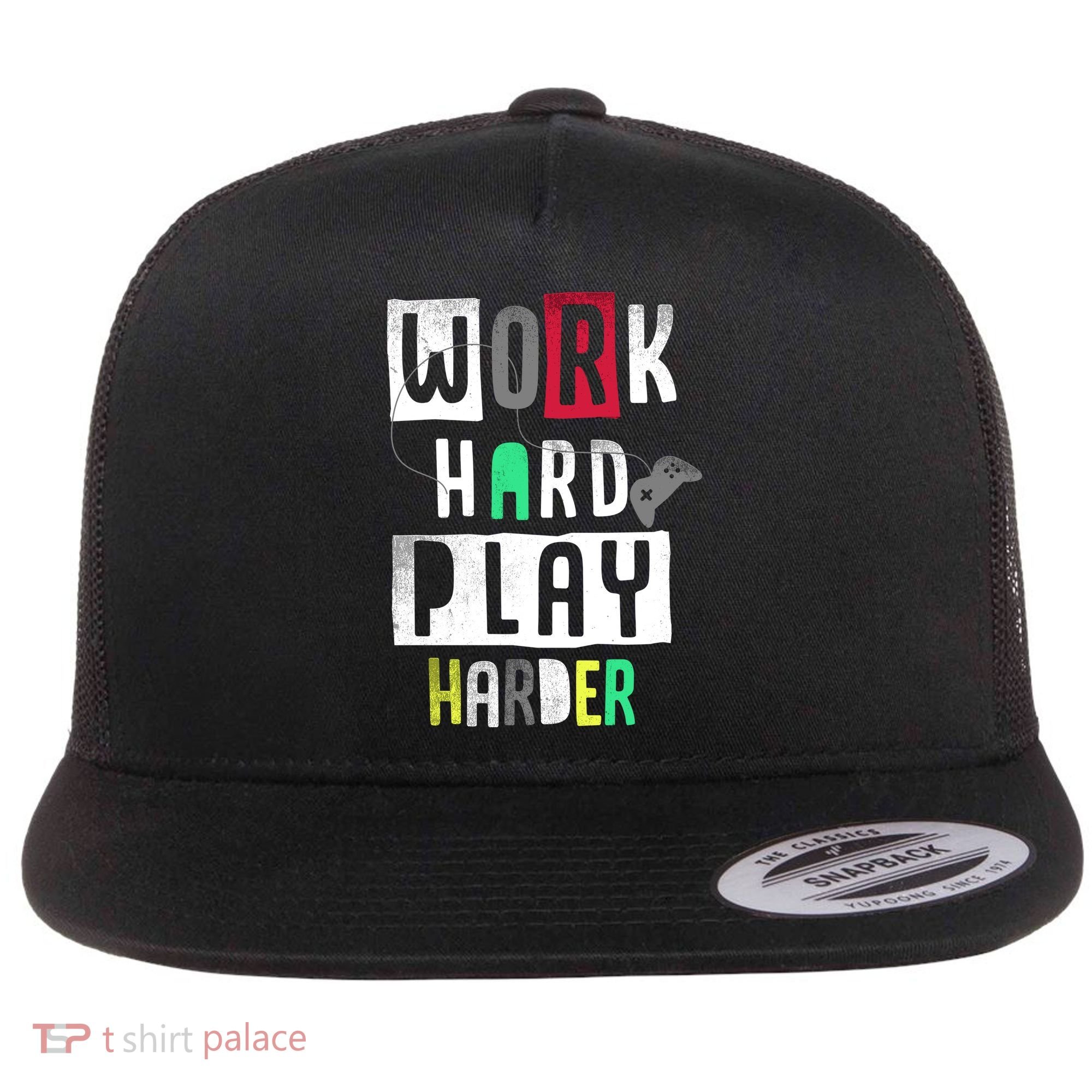 Video Games Work Hard Play Harder Gamer Flat Bill Trucker Hat