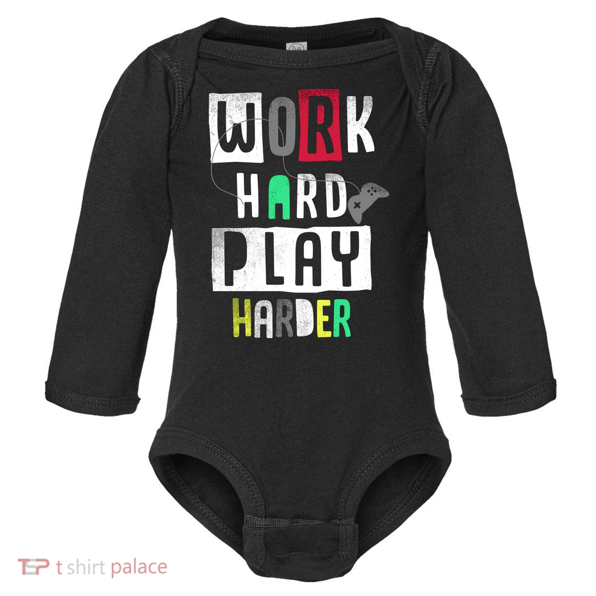Video Games Work Hard Play Harder Gamer Baby Long Sleeve Bodysuit