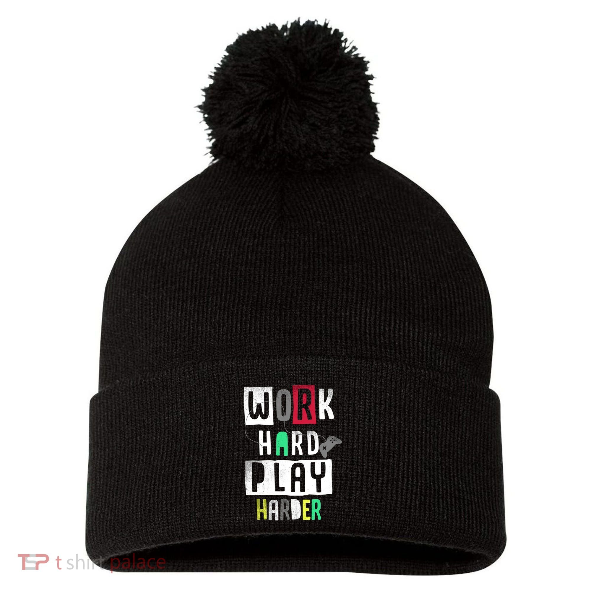 Video Games Work Hard Play Harder Gamer Pom Pom 12in Knit Beanie
