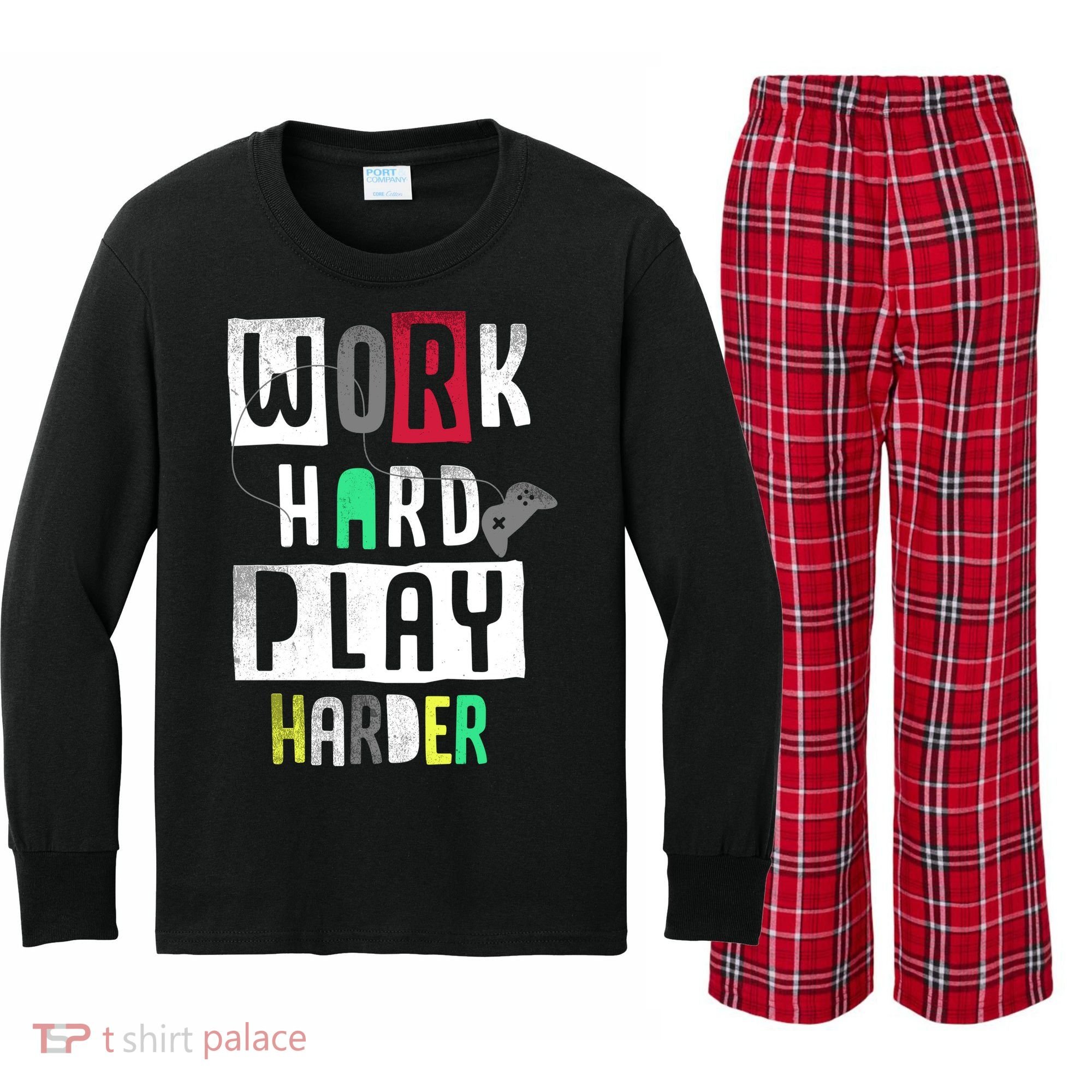 Video Games Work Hard Play Harder Gamer Kids Long Sleeve Plaid Pajama Set