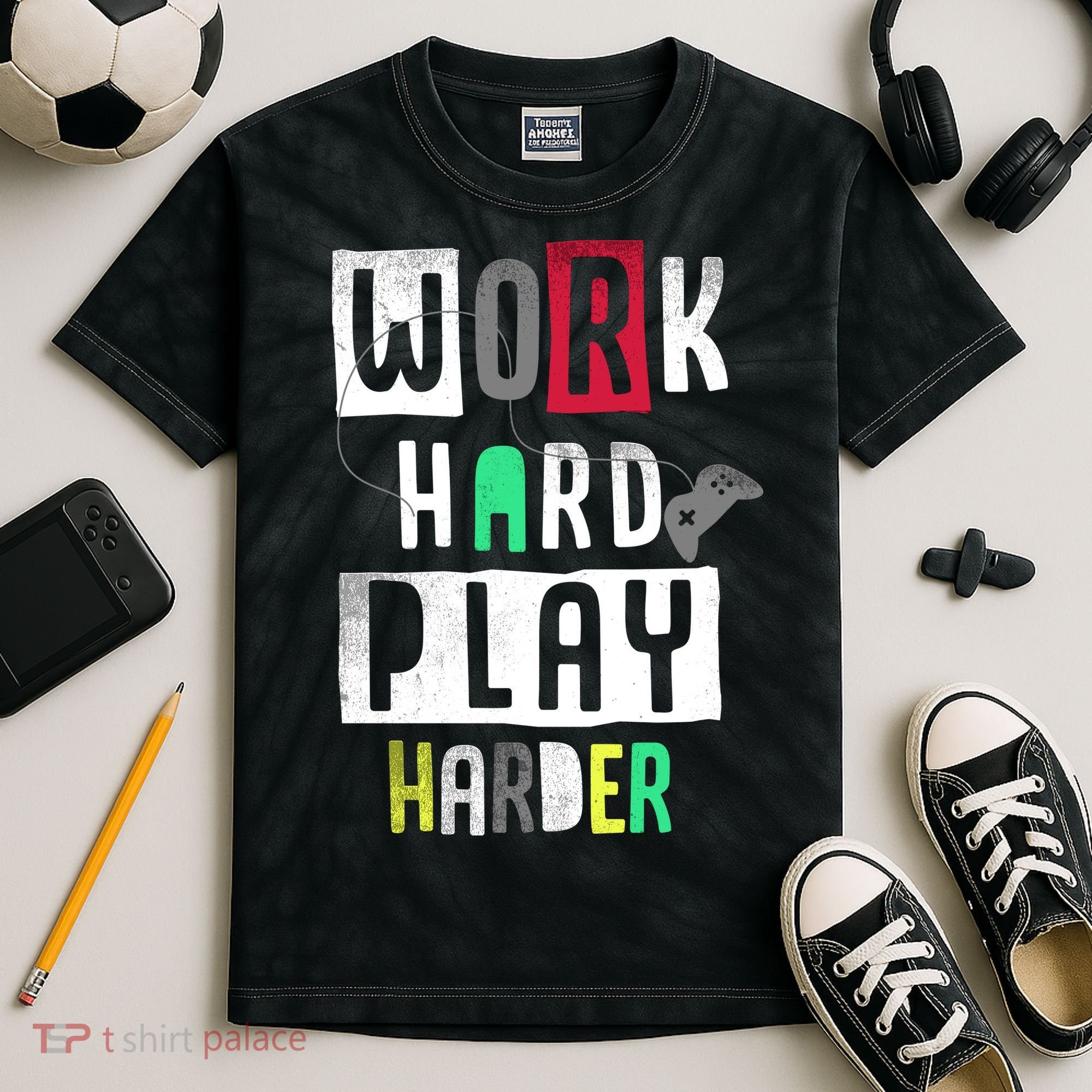 Video Games Work Hard Play Harder Gamer Kids Tie-Dye T-Shirt
