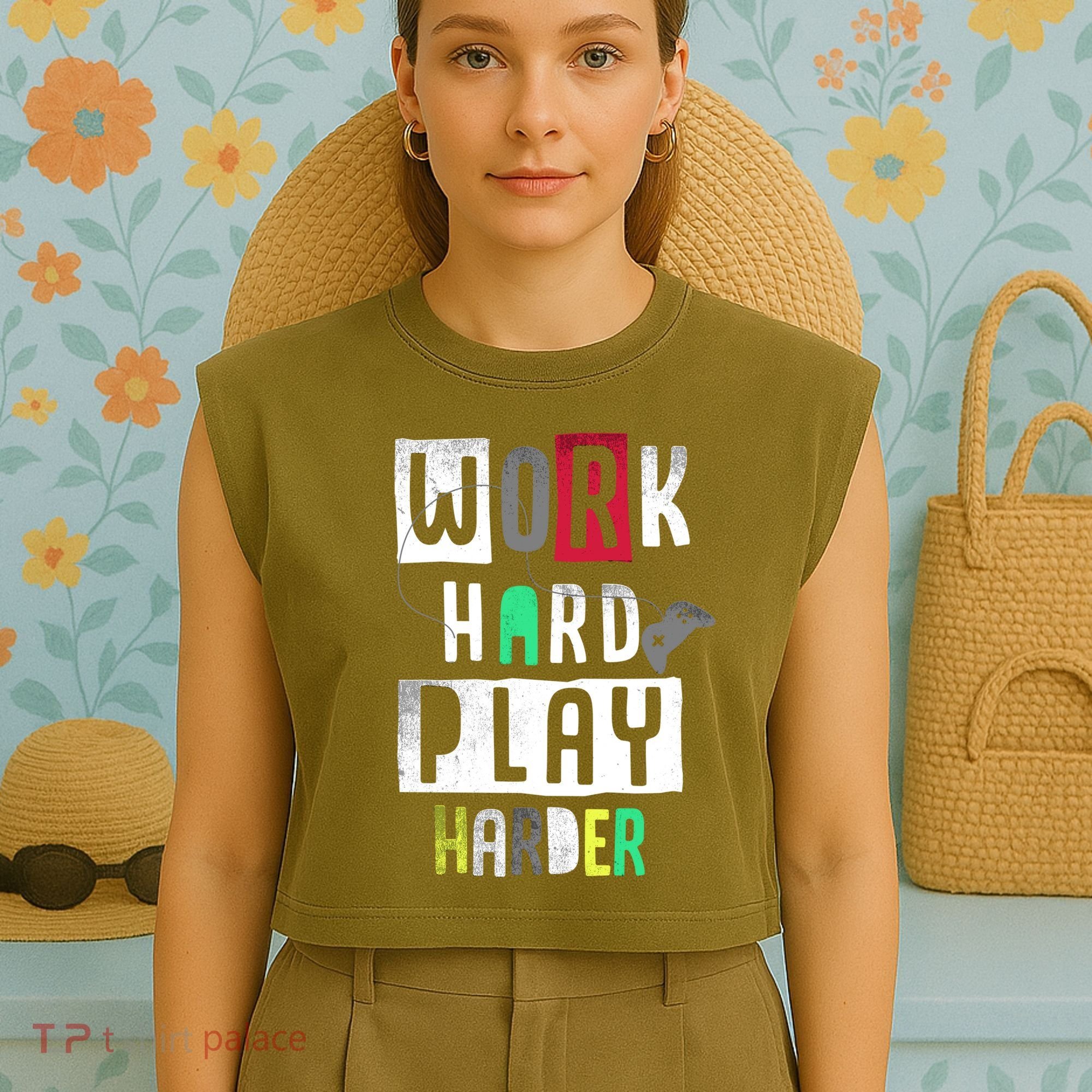 Video Games Work Hard Play Harder Gamer Garment-Dyed Women's Muscle Tee