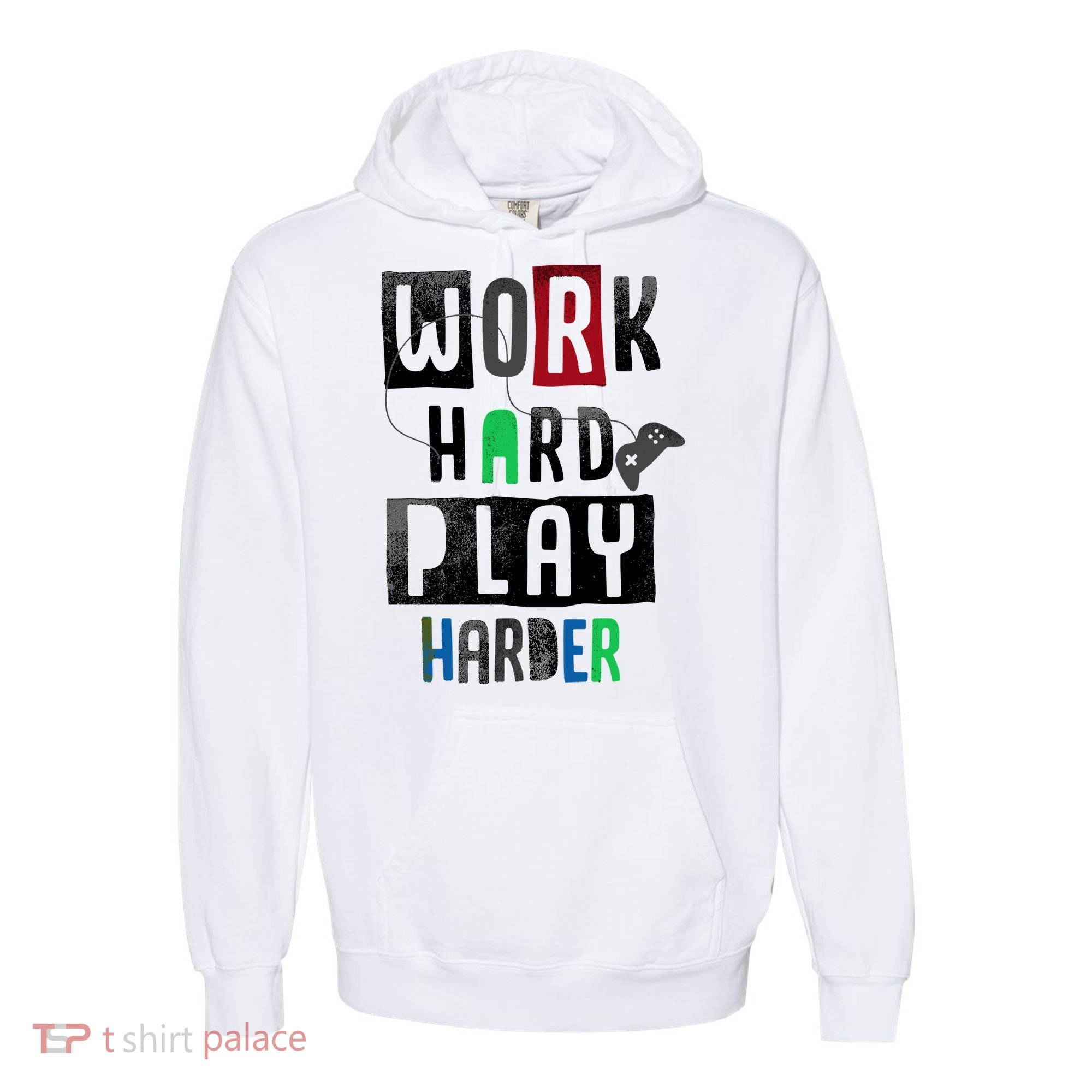 Video Games Work Hard Play Harder Gamer Comfort Colors Garment-Dyed Hooded Sweatshirt
