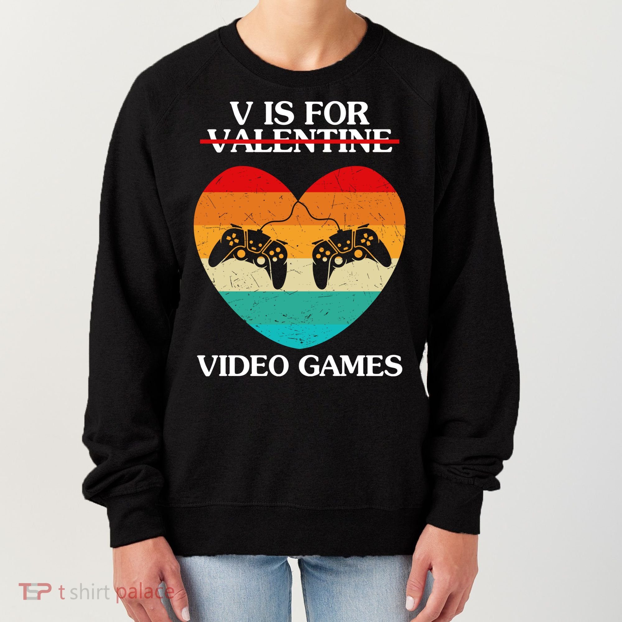 V Is For Valentine Video Games Retro Sunset Heart Women's Sweatshirt