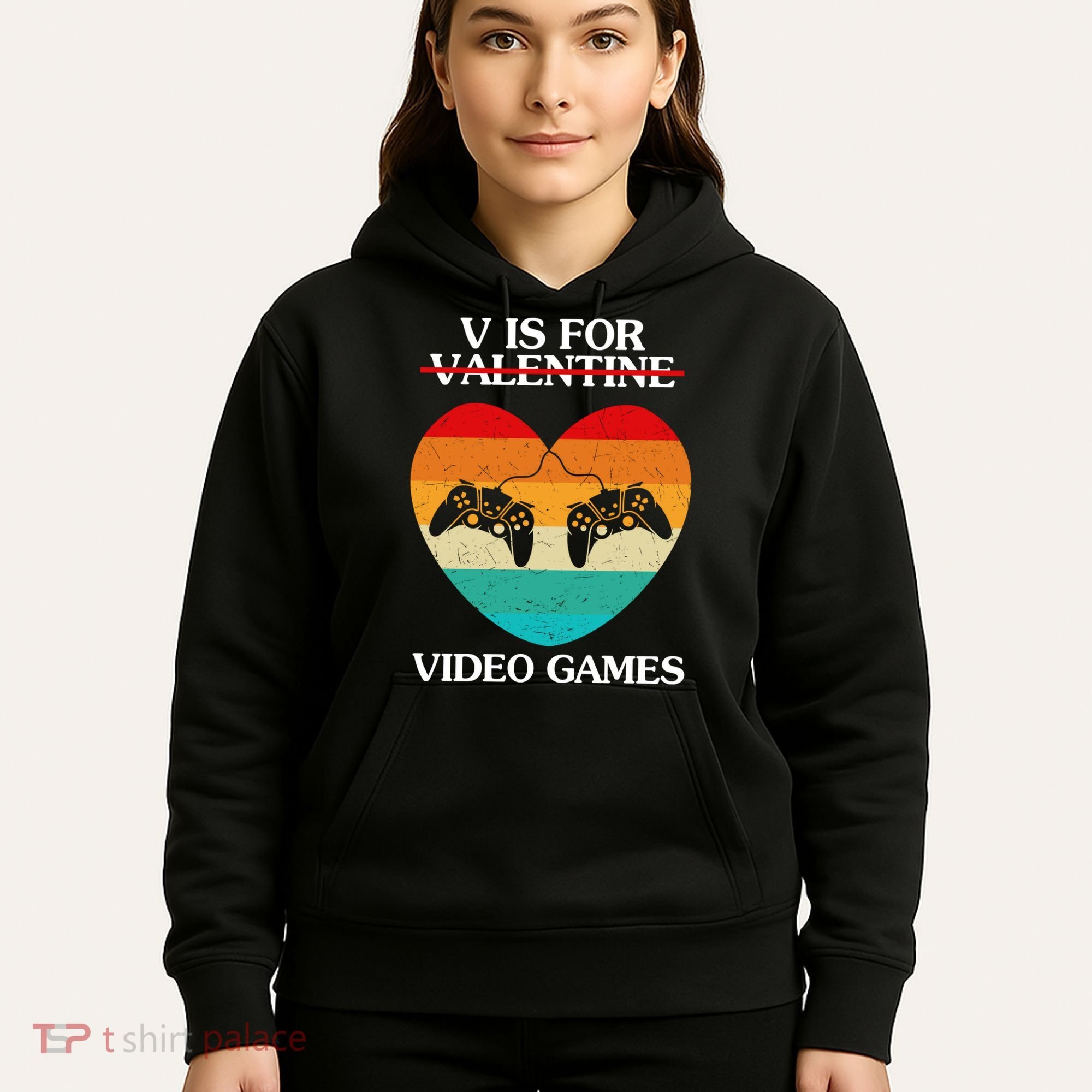 V Is For Valentine Video Games Retro Sunset Heart Hoodie