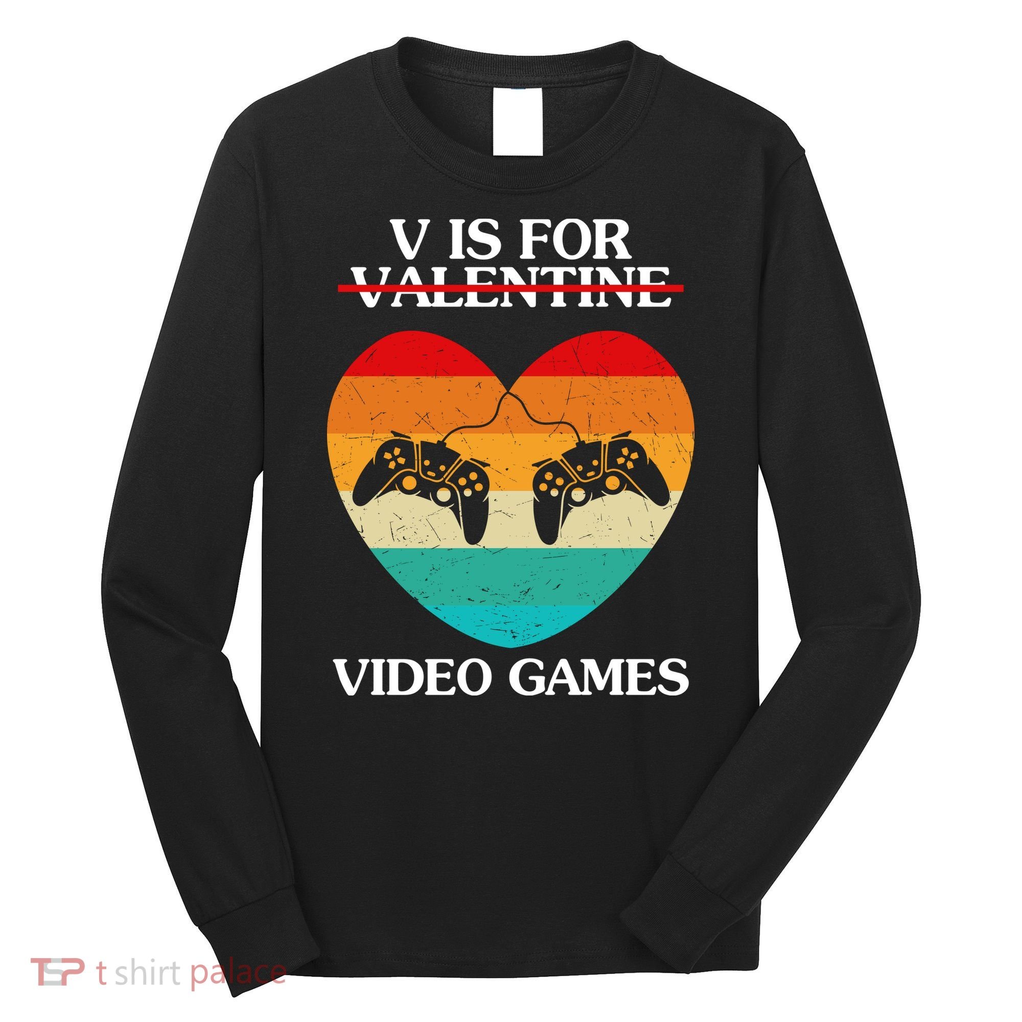 V Is For Valentine Video Games Retro Sunset Heart Long Sleeve Shirt