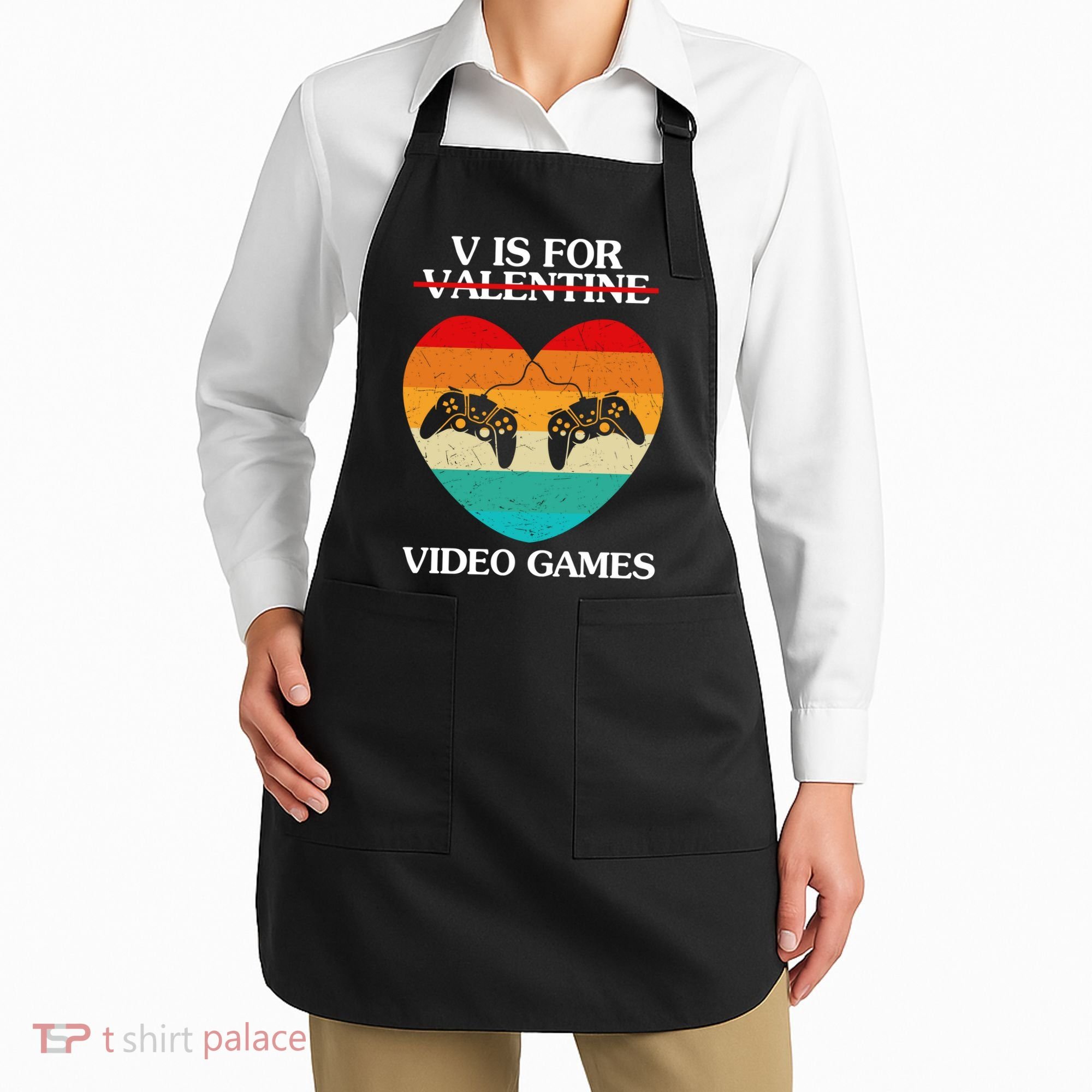 V Is For Valentine Video Games Retro Sunset Heart Apron