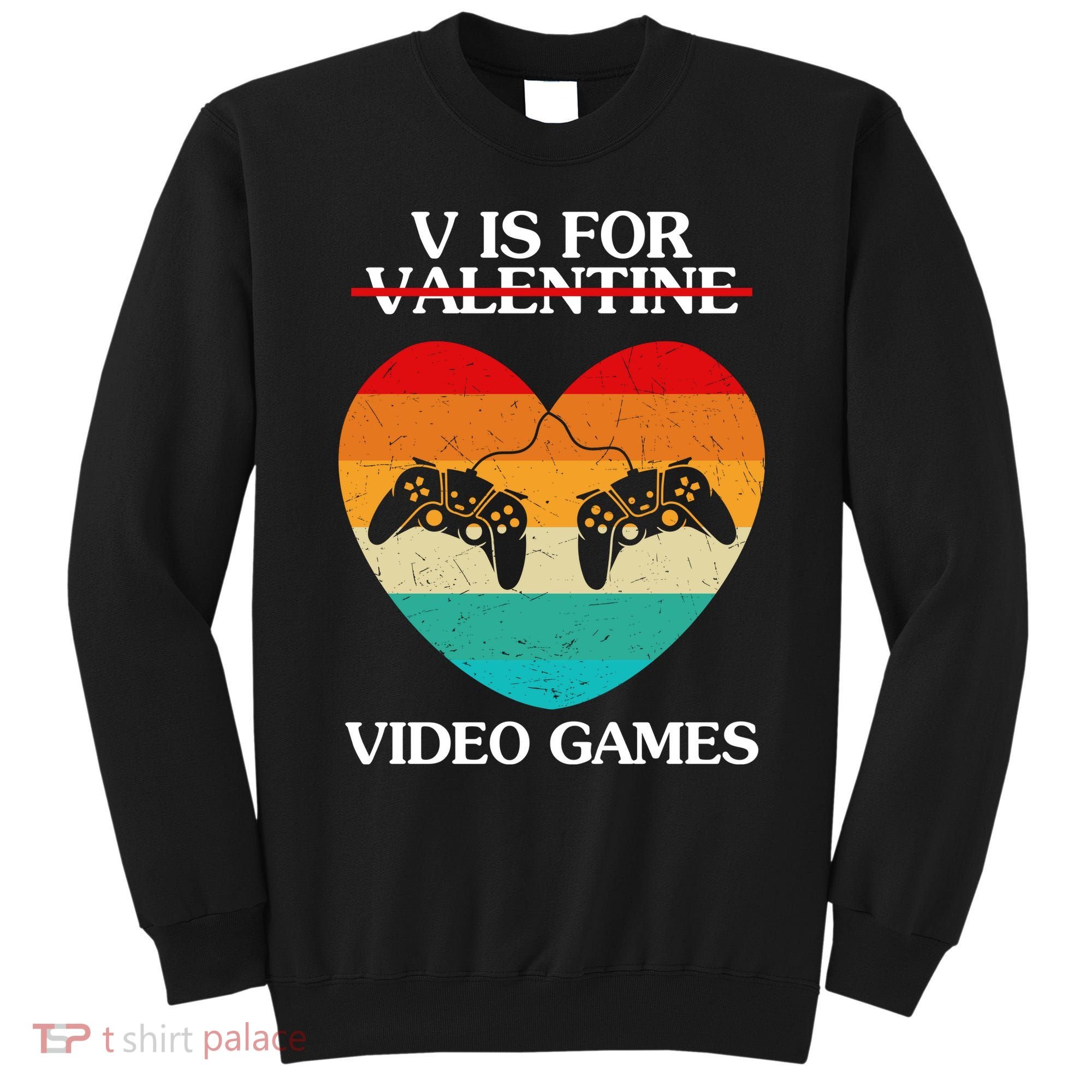 V Is For Valentine Video Games Retro Sunset Heart Sweatshirt