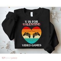 V Is For Valentine Video Games Retro Sunset Heart Sweatshirt thumb 2