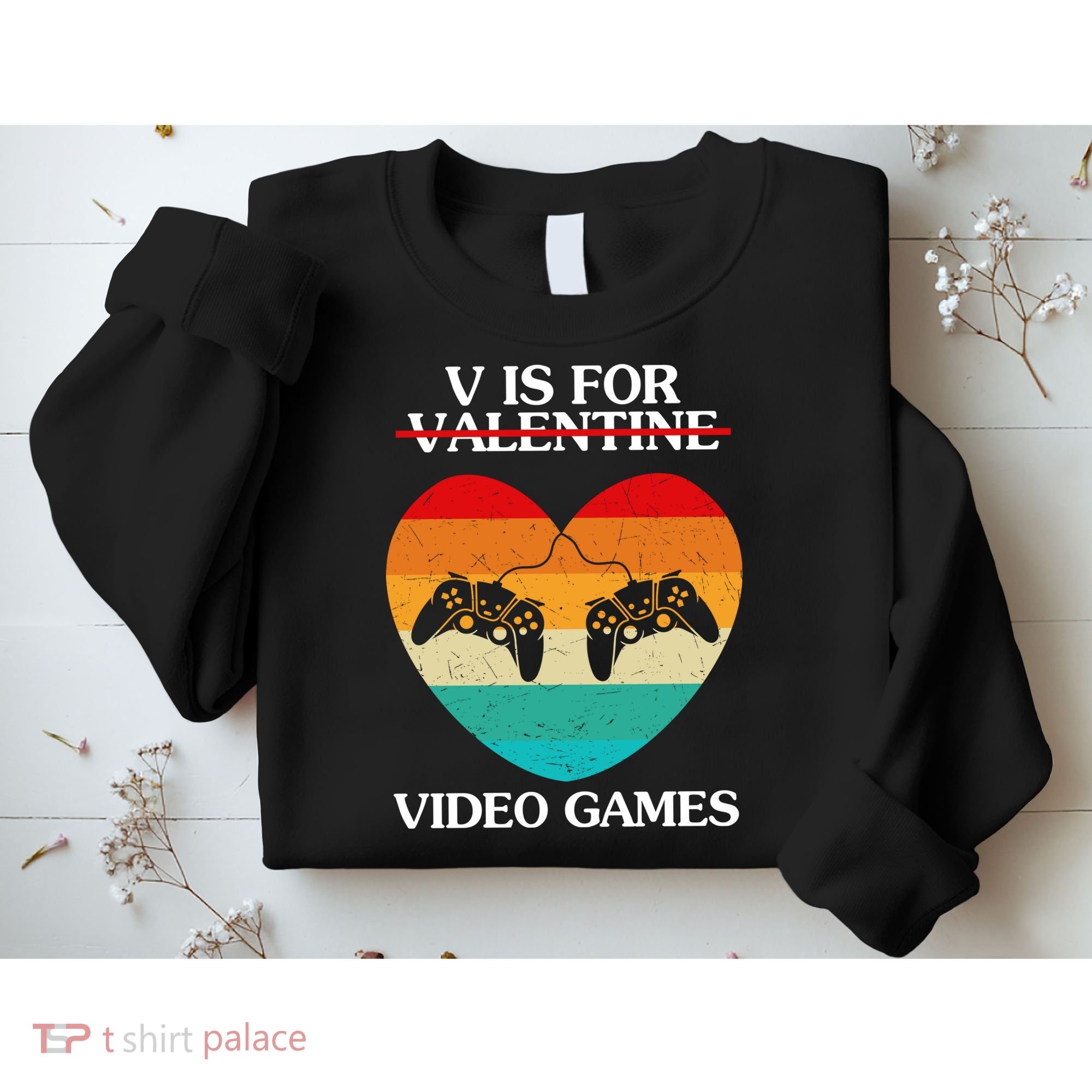 V Is For Valentine Video Games Retro Sunset Heart Sweatshirt