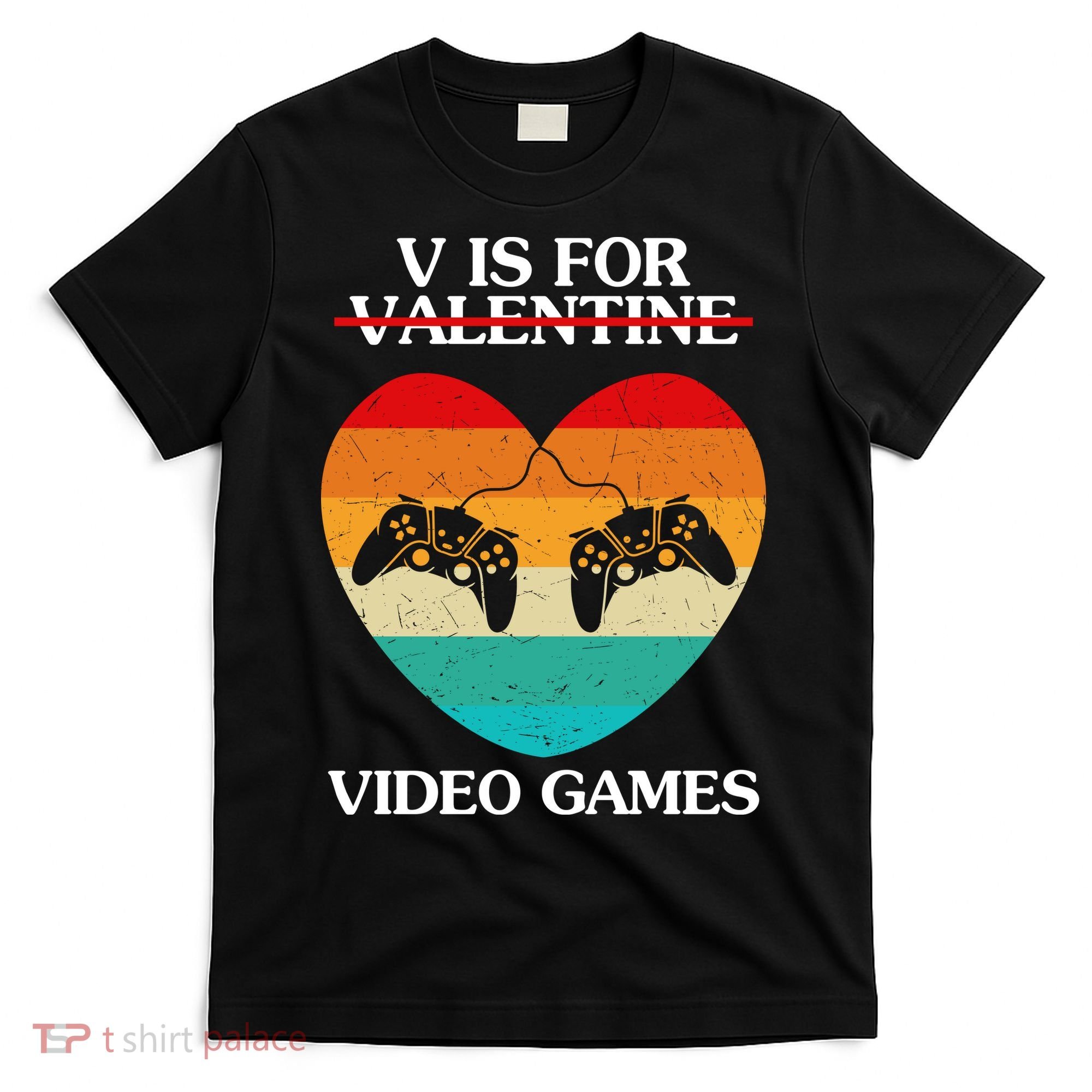 V Is For Valentine Video Games Retro Sunset Heart T-Shirt