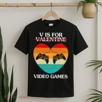 V Is For Valentine Video Games Retro Sunset Heart T-Shirt thumb 2