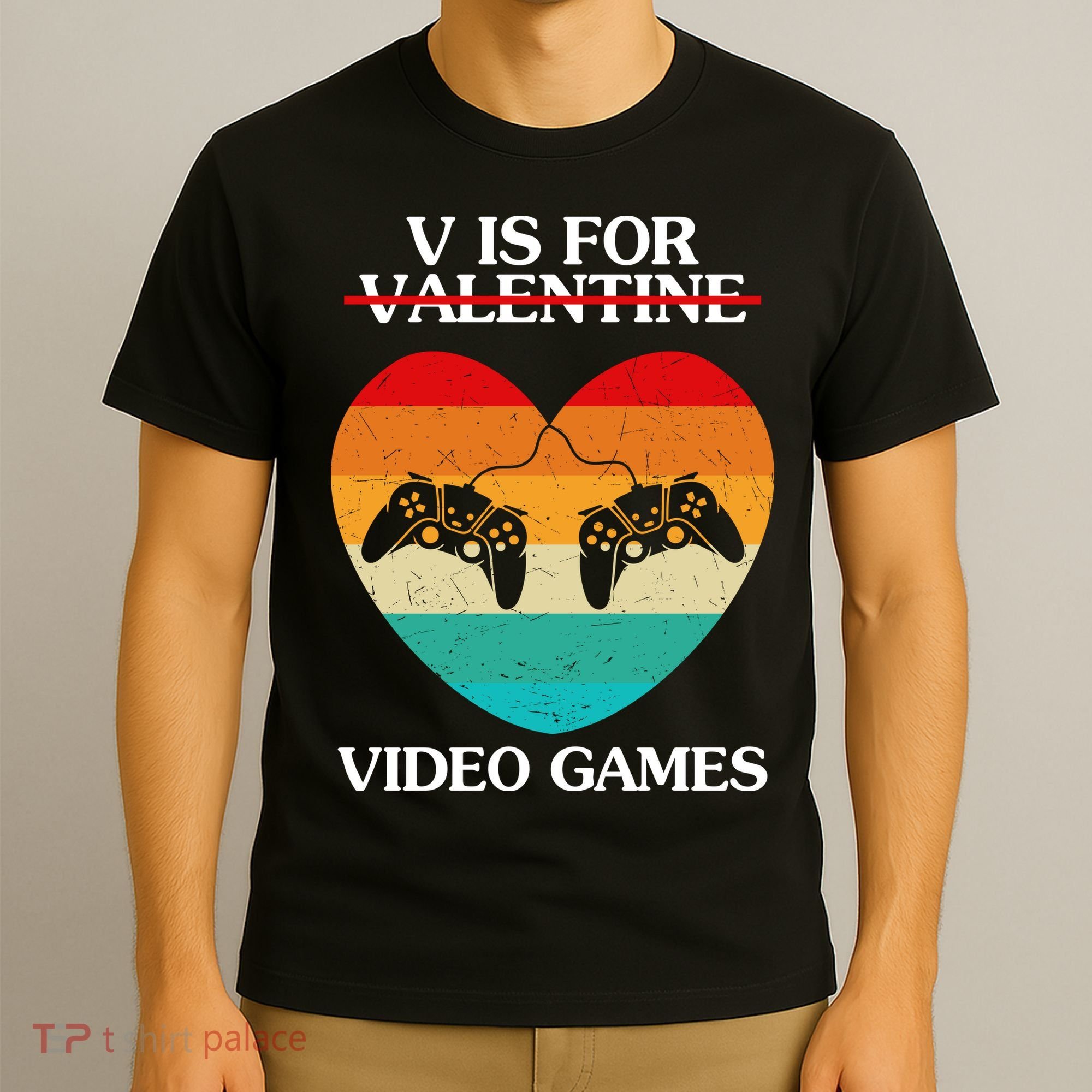 V Is For Valentine Video Games Retro Sunset Heart T-Shirt
