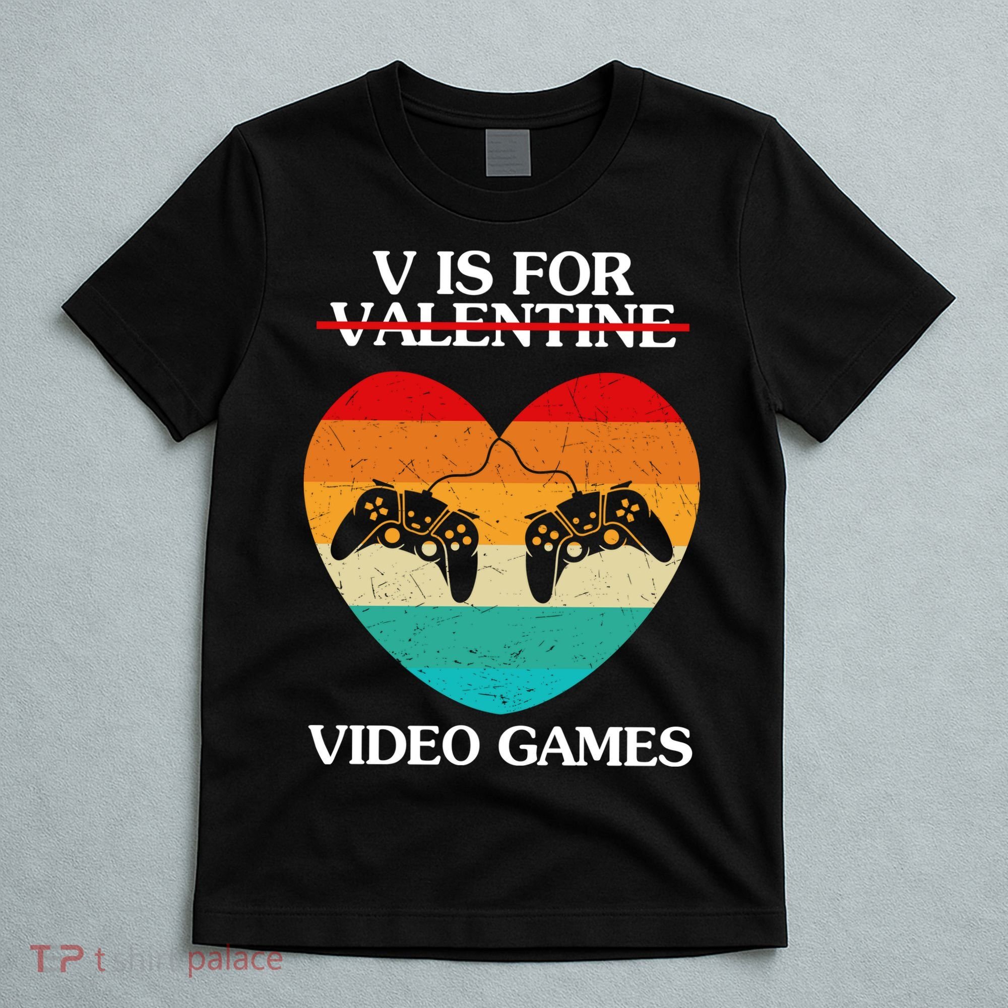 V Is For Valentine Video Games Retro Sunset Heart T-Shirt