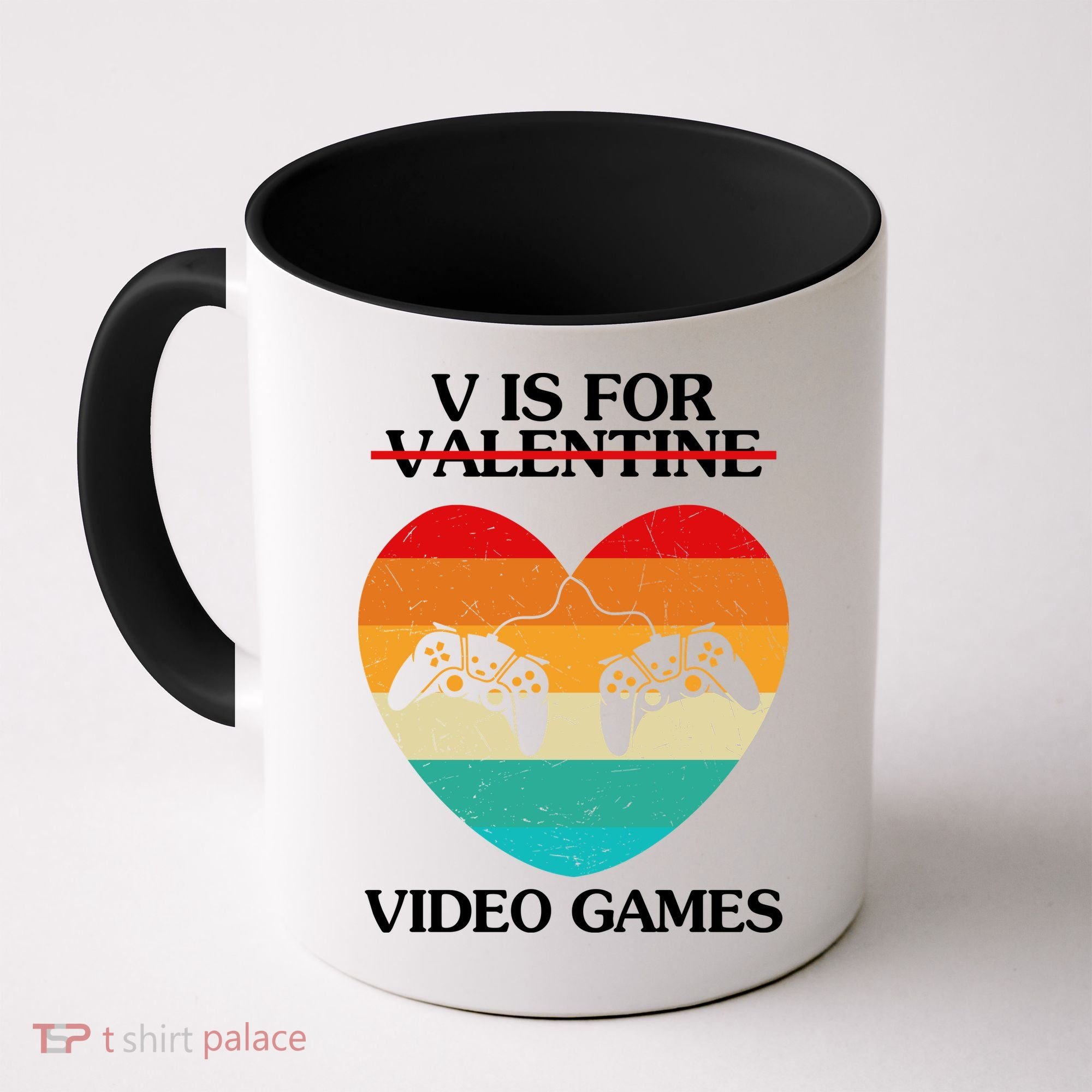 V Is For Valentine Video Games Retro Sunset Heart Coffee Mug