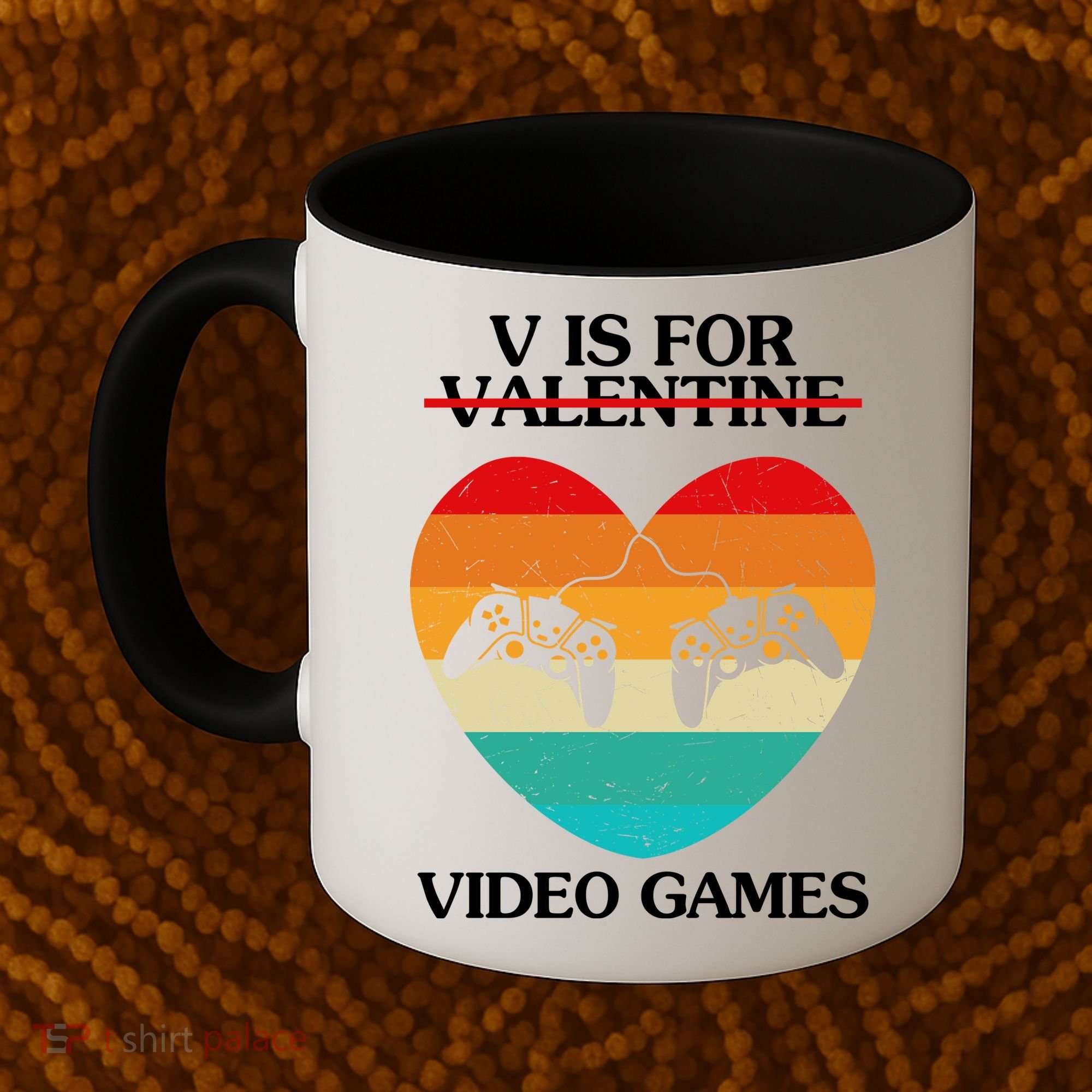 V Is For Valentine Video Games Retro Sunset Heart Coffee Mug