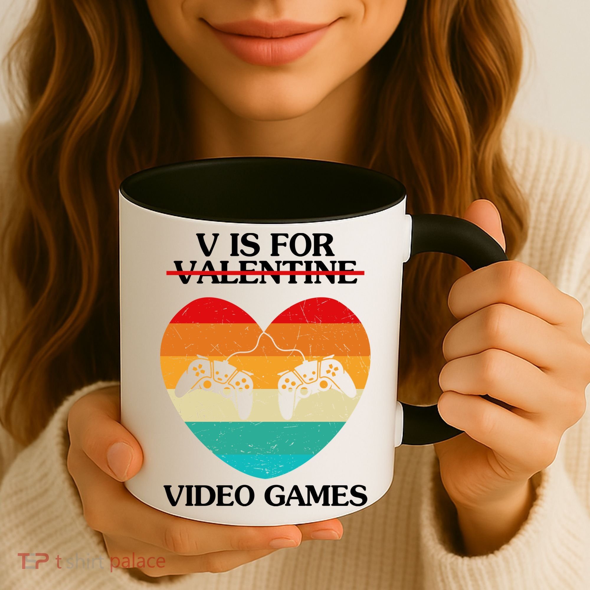 V Is For Valentine Video Games Retro Sunset Heart Coffee Mug