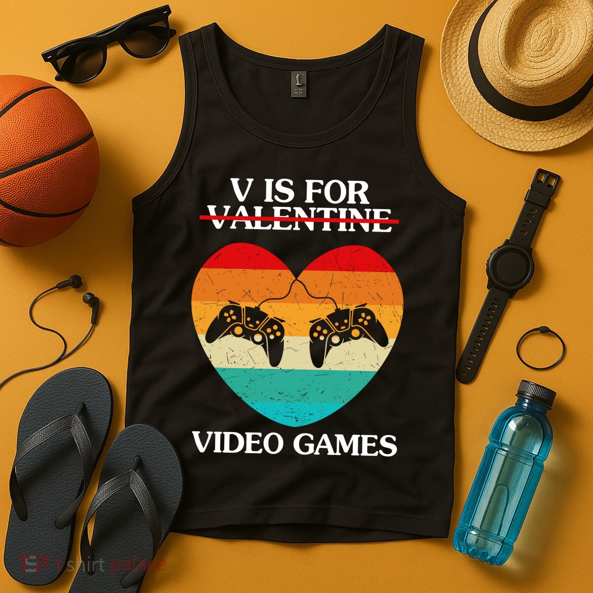 V Is For Valentine Video Games Retro Sunset Heart Tank Top