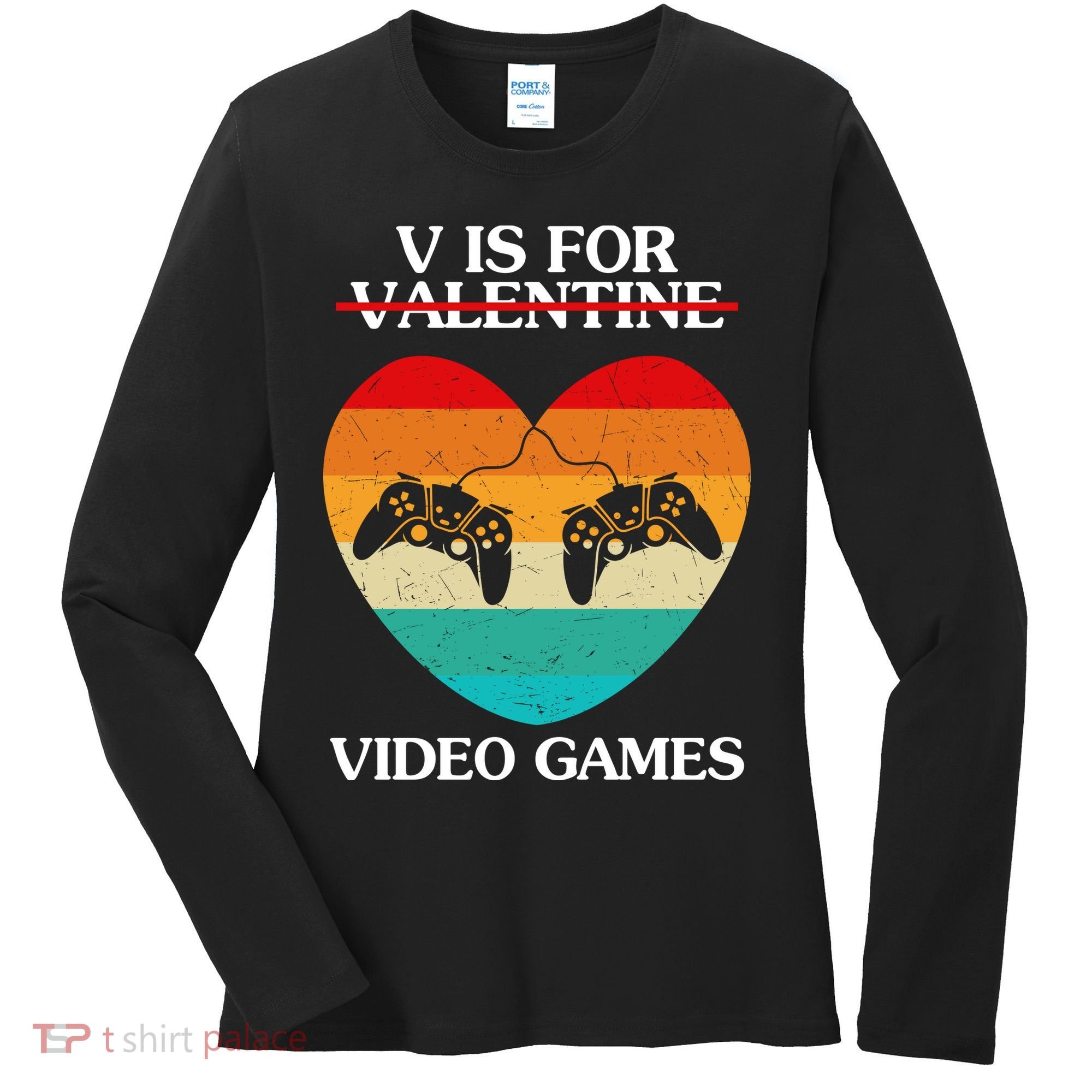 V Is For Valentine Video Games Retro Sunset Heart Women's Long Sleeve Shirt