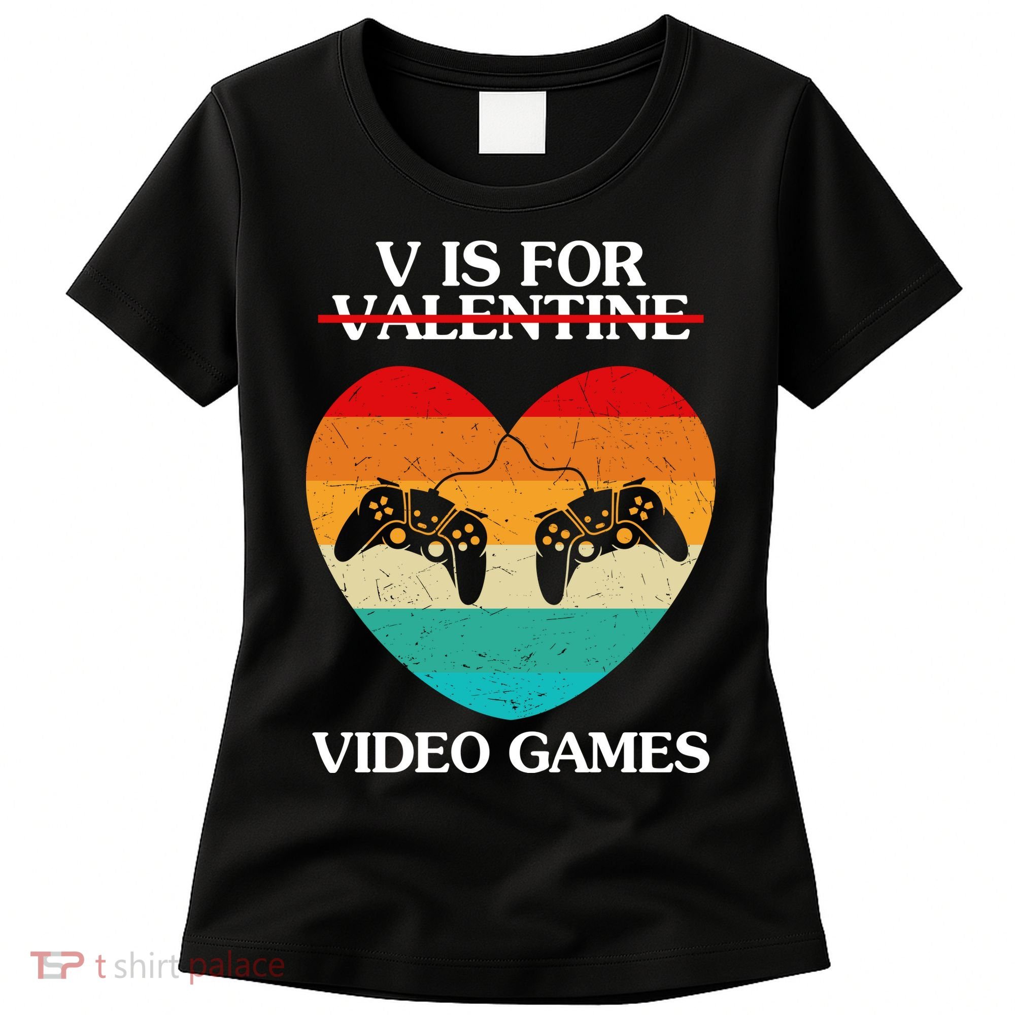 V Is For Valentine Video Games Retro Sunset Heart Women's T-Shirt