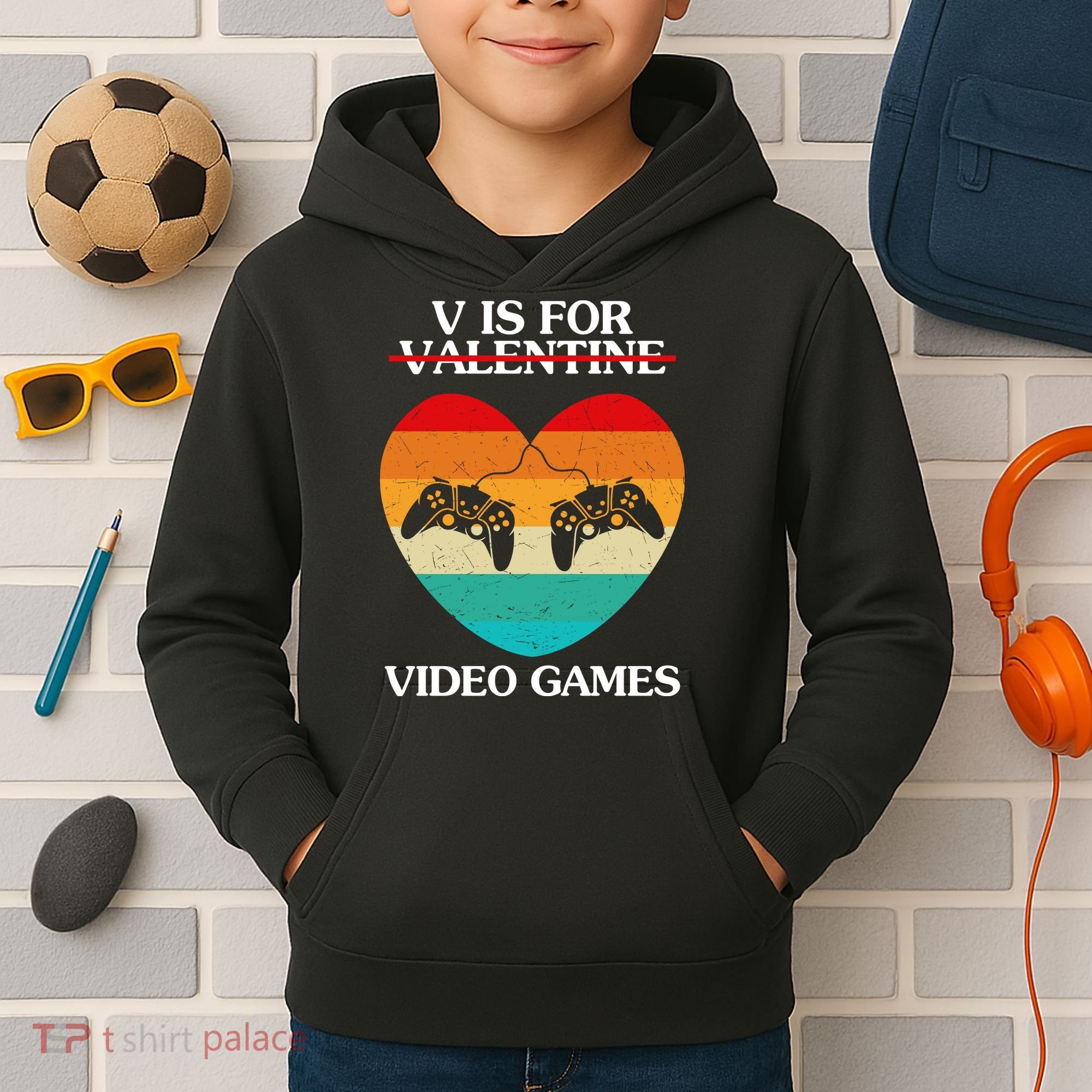 V Is For Valentine Video Games Retro Sunset Heart Kids Hoodie